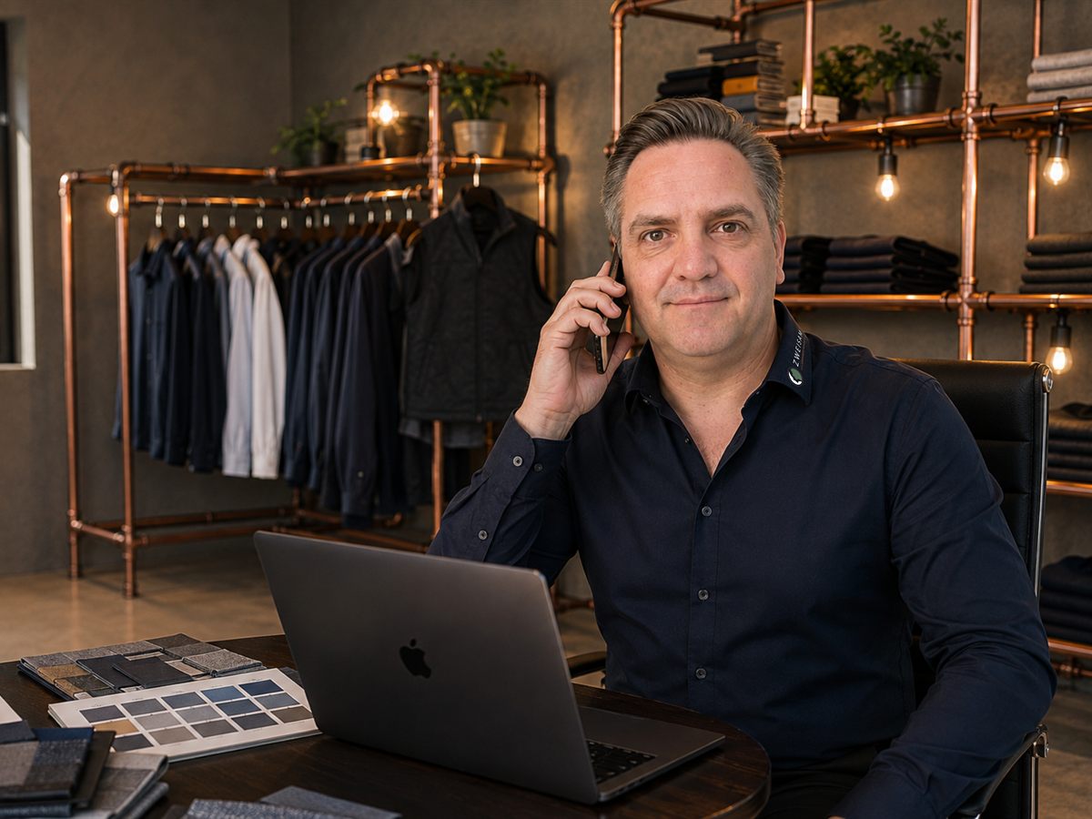 Axel Kaltenbach von Zweisam Corporate Fashion im Telefongespräch am Schreibtisch, im Hintergrund Musterteile der Kollektion