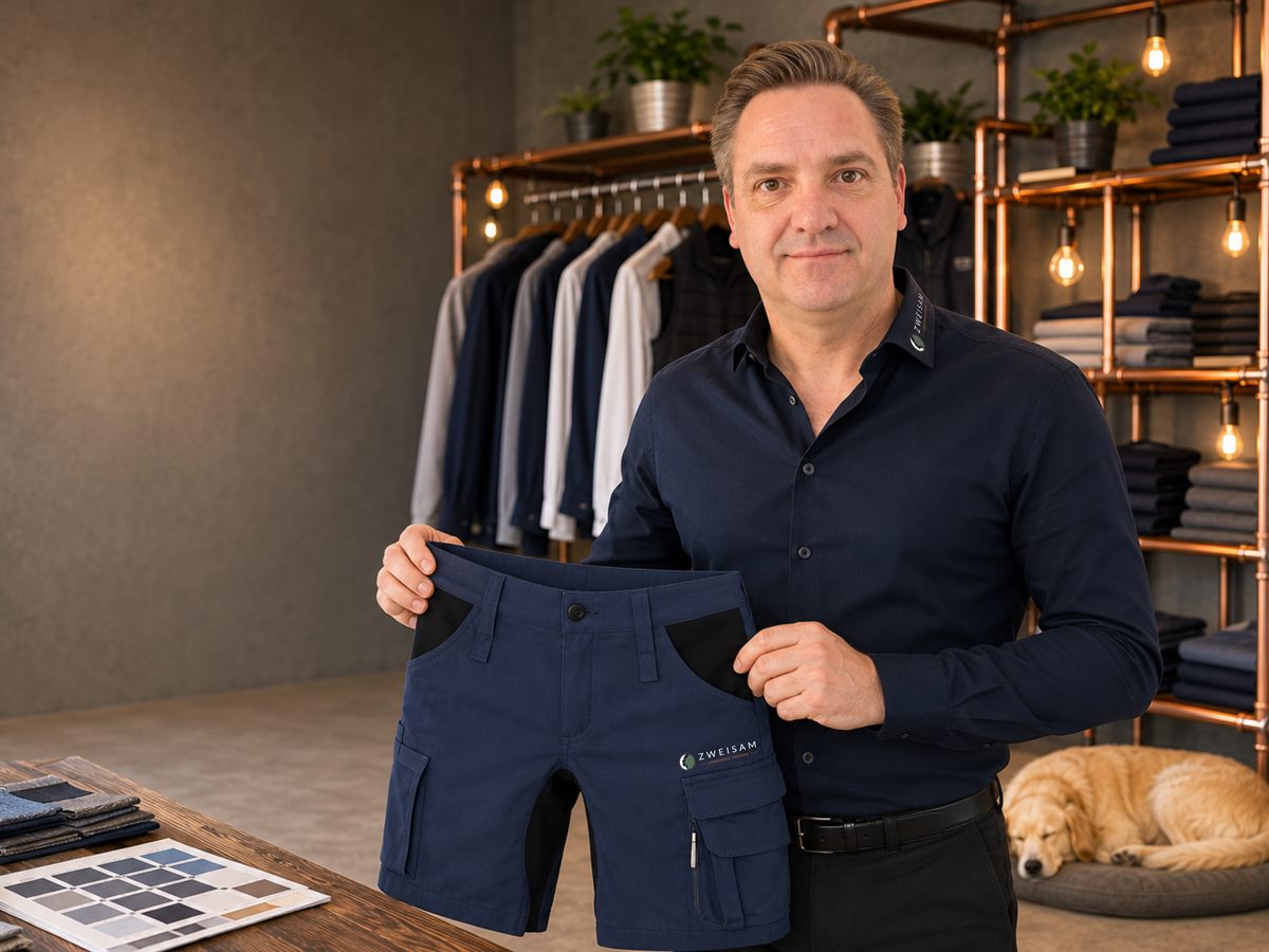 Beratung im Showroom von Zweisam Corporate Fashion: ein Berater zeigt eine Arbeitshose, dahinter Hemden und Musterteile auf einer Kupferstange