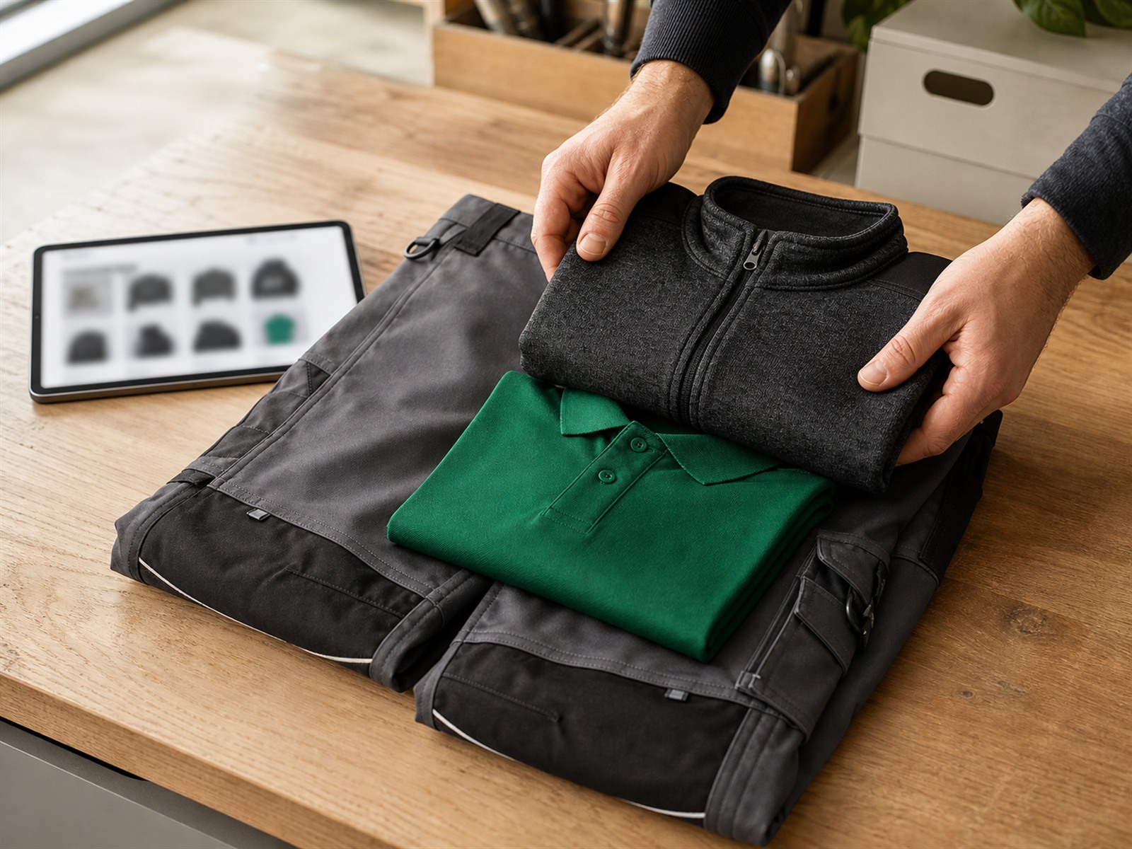 Zusammengestellte Handwerks-Arbeitskleidung mit Poloshirt und Fleecejacke auf einer Werkbank