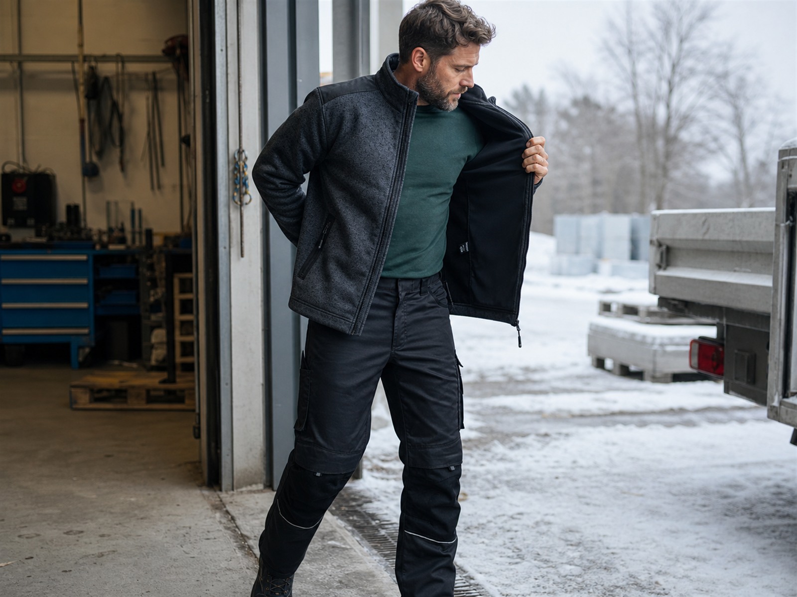 Handwerker zieht am Hallentor die Fleecejacke seiner Winter-Arbeitskleidung an