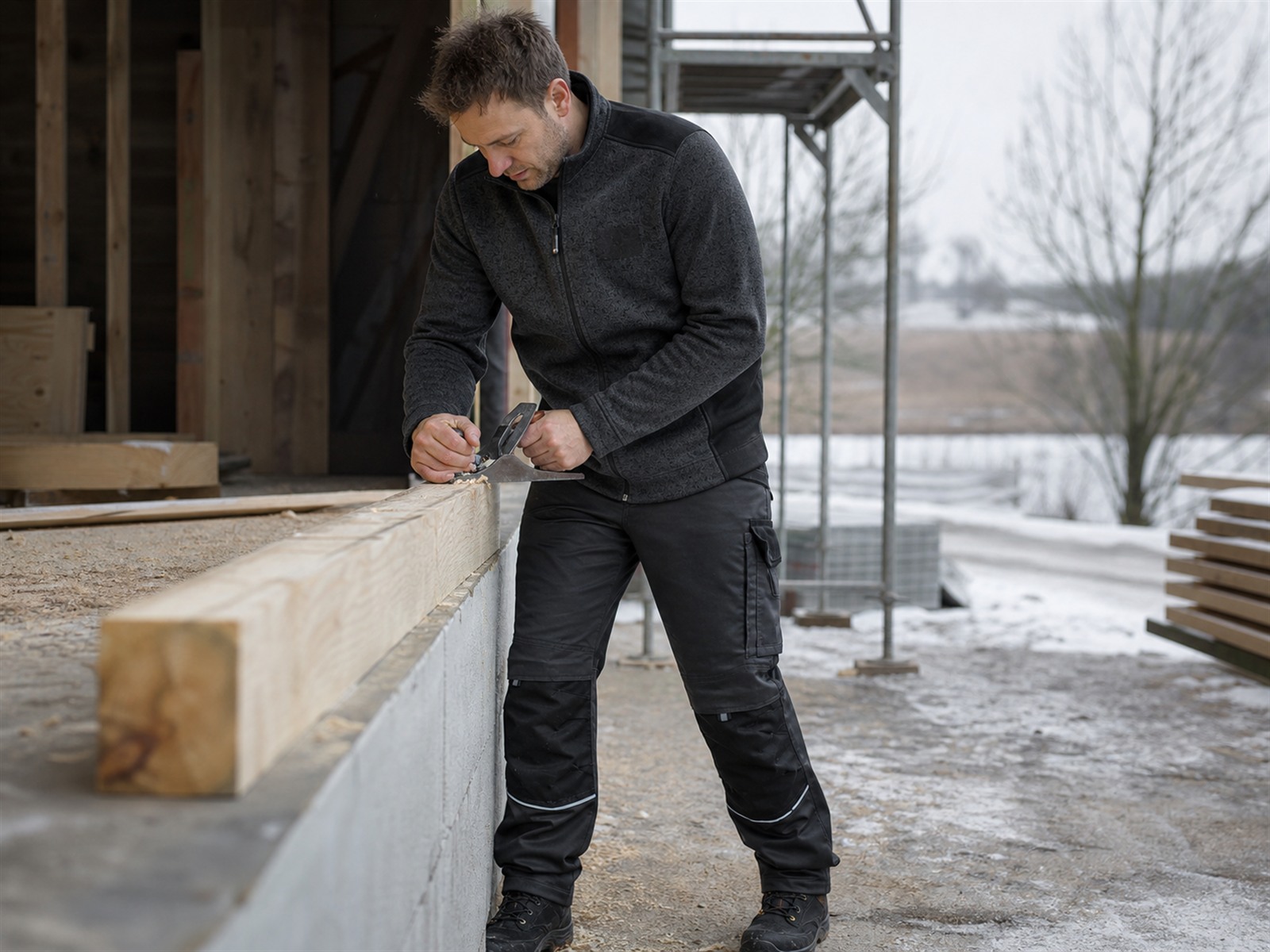 Handwerker in Winter-Arbeitskleidung mit Strickfleece hobelt einen Holzbalken
