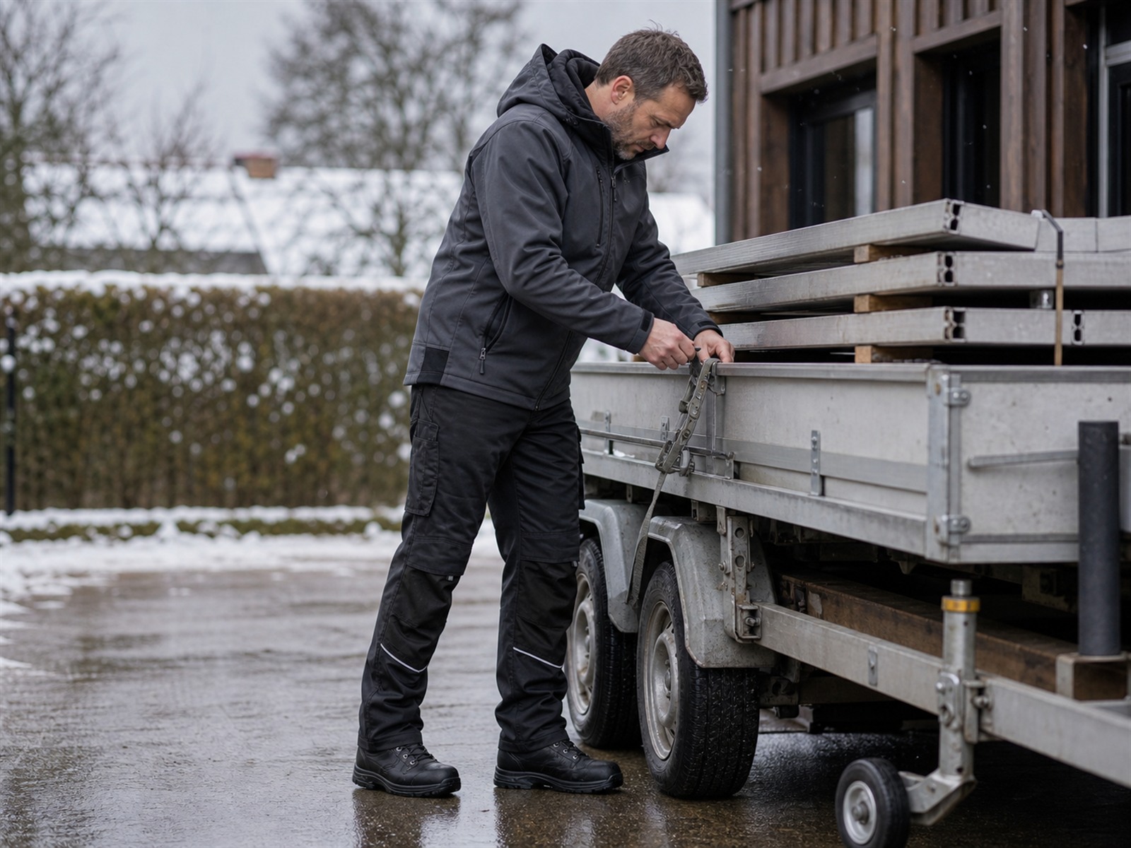 Handwerker in warmer Winter-Arbeitskleidung sichert Material auf einem Anhänger im Schnee