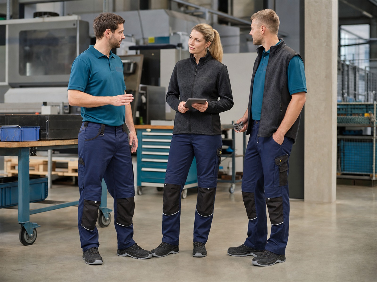 Industrieteam in abgestimmter Arbeitskleidung aus verschiedenen Bereichen in einer Fertigungshalle