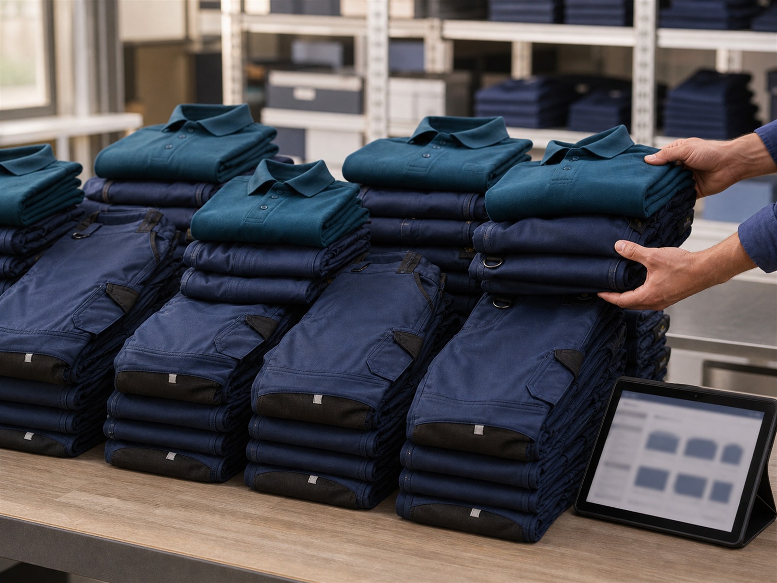 Gestapelte Sätze navyblauer Arbeitskleidung und Polos zur Ausgabe im Industriebetrieb