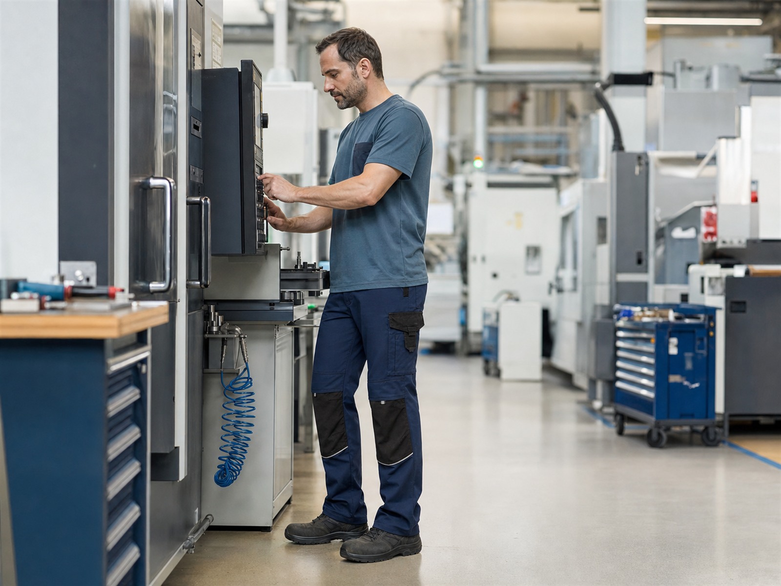 Industriemitarbeiter in navyblauer Arbeitskleidung bedient eine CNC-Maschine in heller Fertigungshalle
