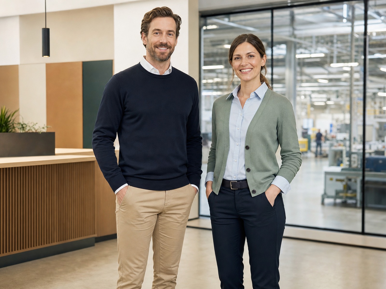 Vertriebs- und Verwaltungsteam eines Industrieunternehmens in gepflegter Business-Kleidung mit Firmenlogo im Büro