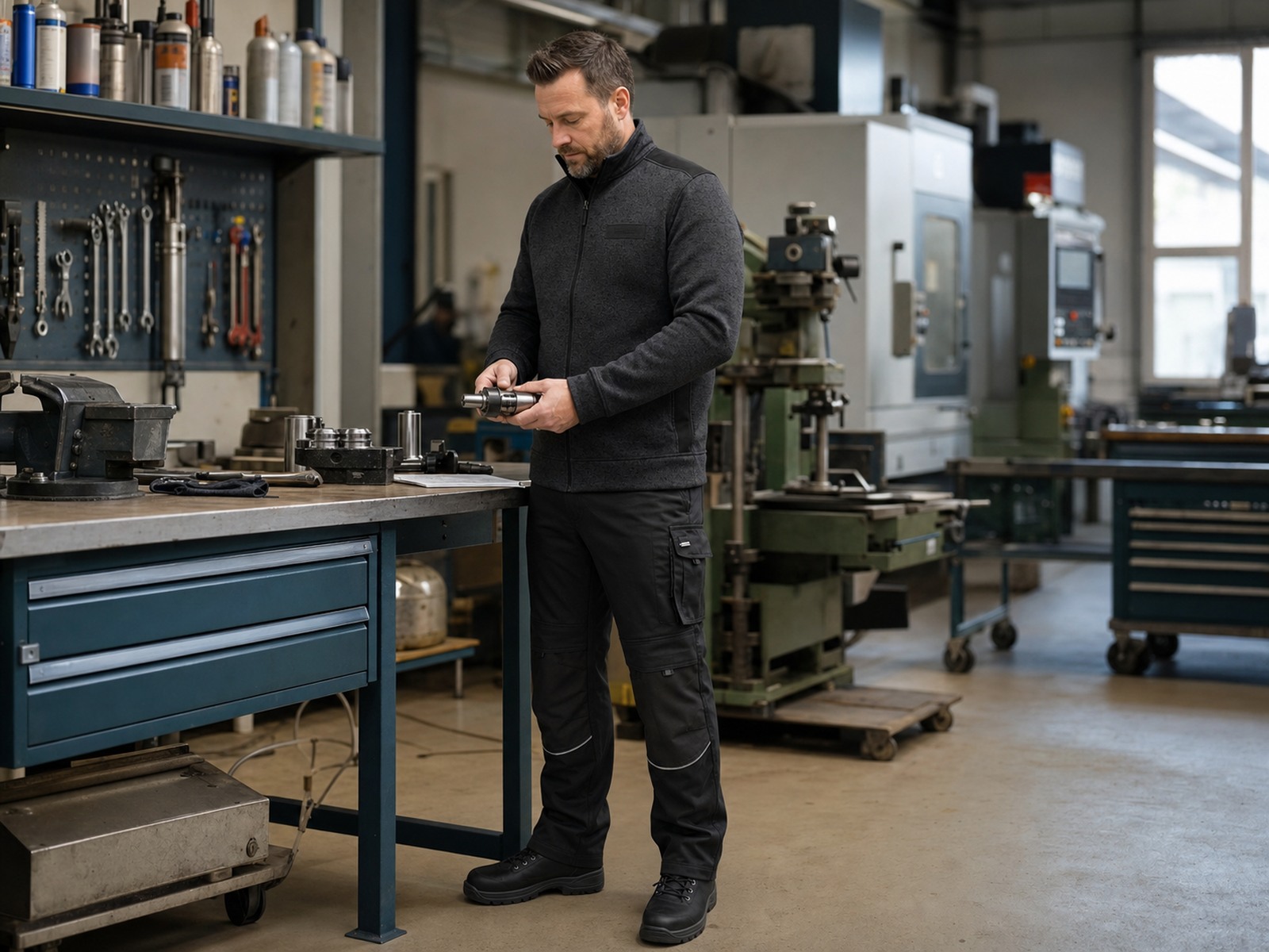 Metallfacharbeiter in robuster Arbeitskleidung an der Werkbank in einer Metallwerkstatt