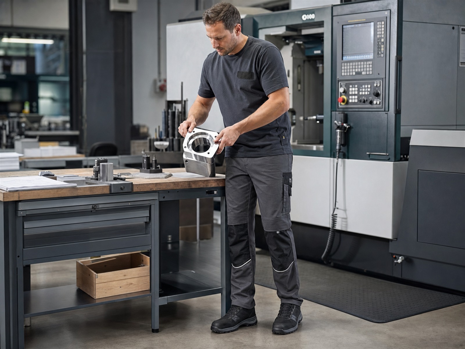 Metallfacharbeiter in grauer Arbeitskleidung prüft ein Werkstück an der CNC-Maschine