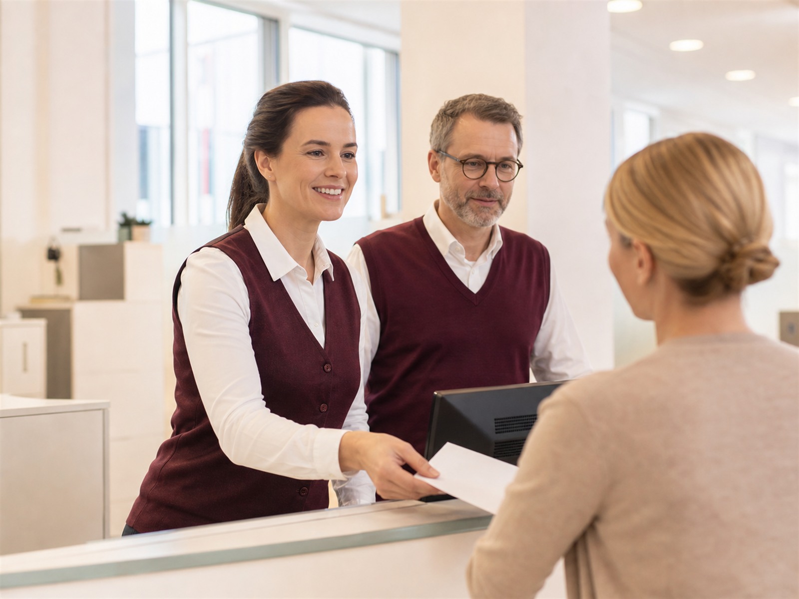Verwaltungsteam in bordeauxroten Strickwesten und weißen Hemden am Bürgerschalter – Businesskleidung für die Verwaltung