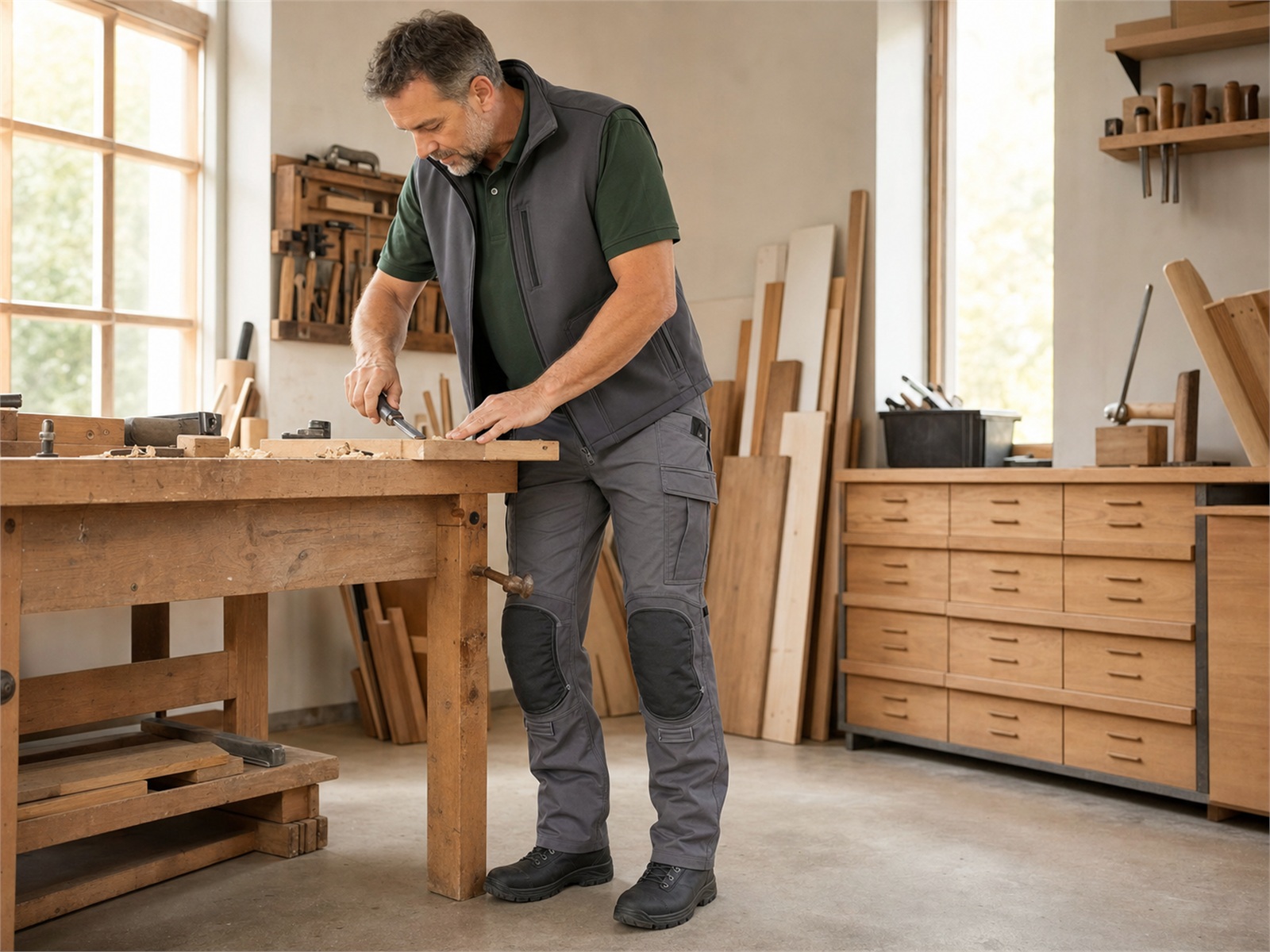 Handwerker-Set aus grauer Arbeitshose mit Kniepolstertaschen, dunkelgrünem Poloshirt und Softshellweste mit Logo-Stick in heller Werkstatt