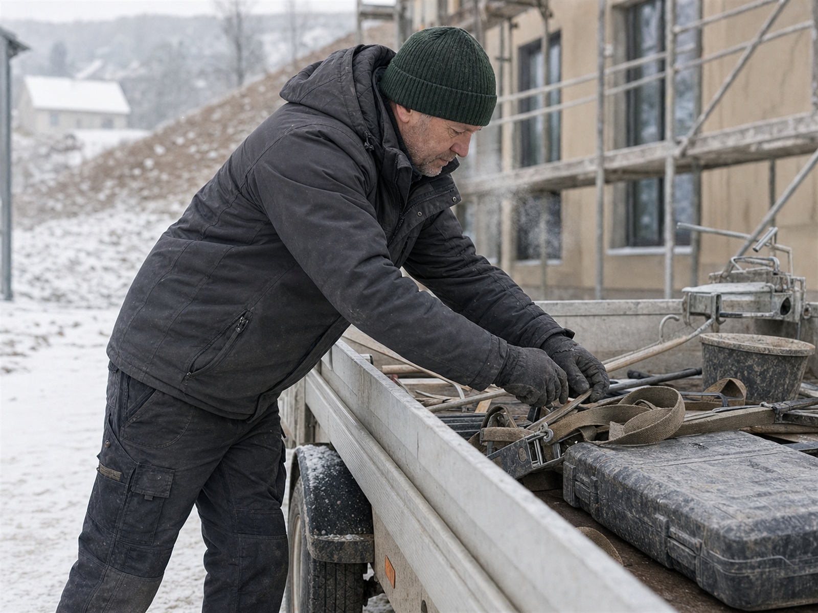 Handwerker im Winter mit gefütterter Thermojacke, gestickter Mütze und warmer Zwischenschicht auf verschneiter Baustelle