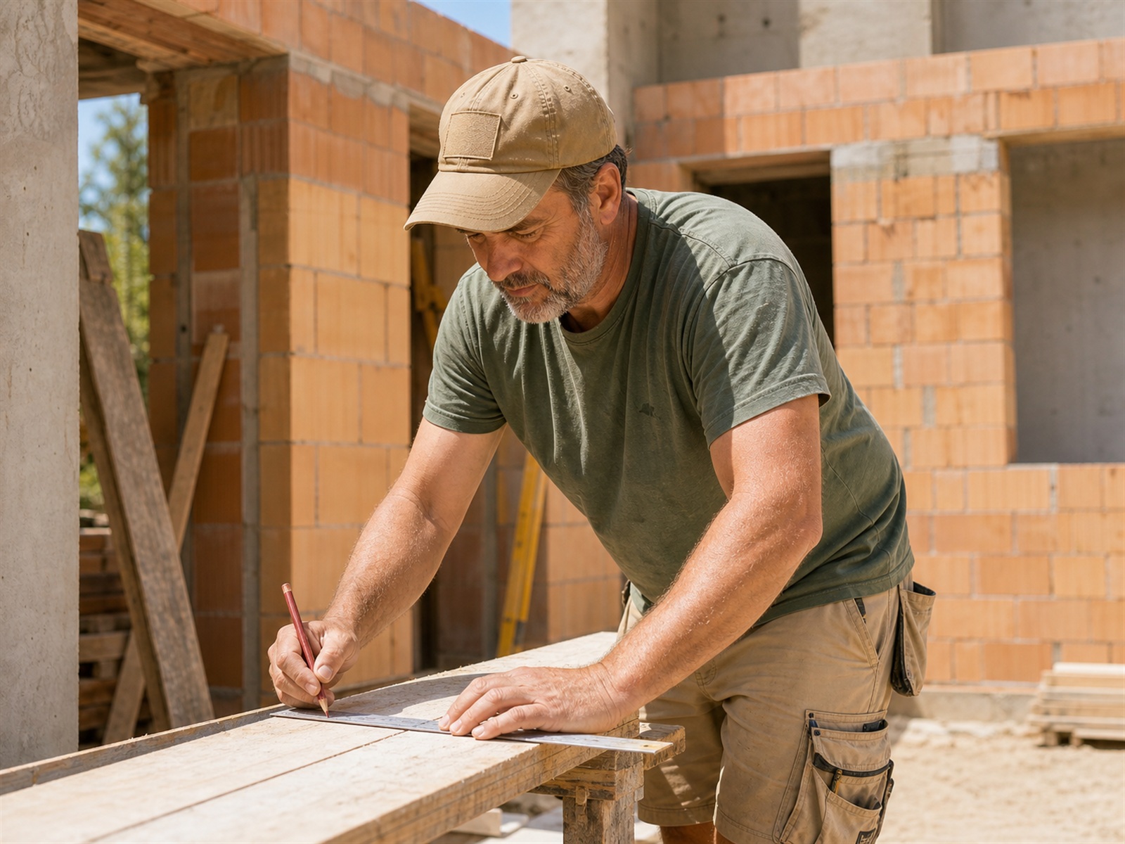 Handwerker in leichten Sommer-Arbeitsshorts, Funktionsshirt und gestickter Cap auf sonniger Baustelle