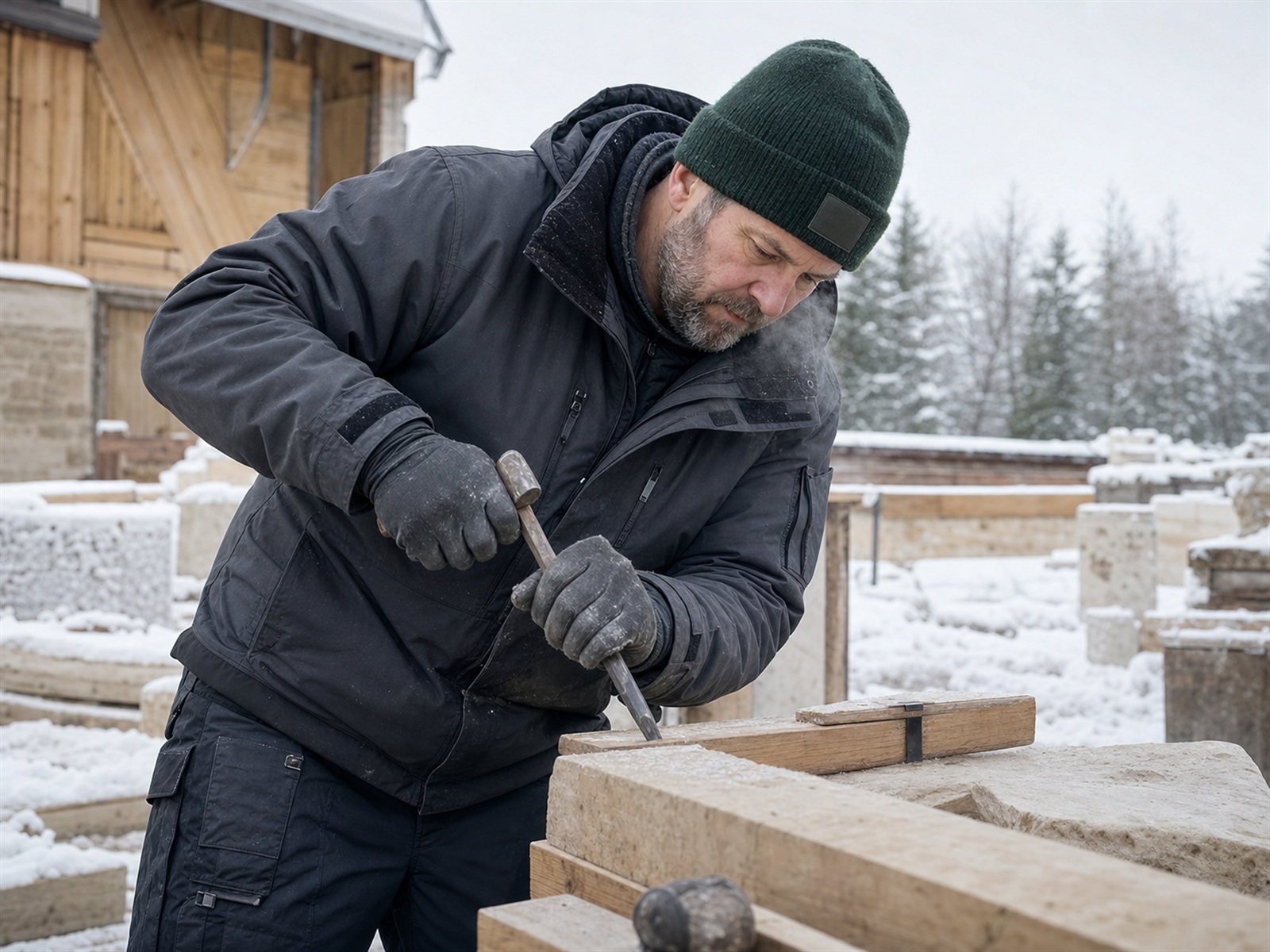 Handwerker in wetterfester Thermojacke, gefütterter Arbeitshose und gestickter Mütze im Schneetreiben auf der Baustelle