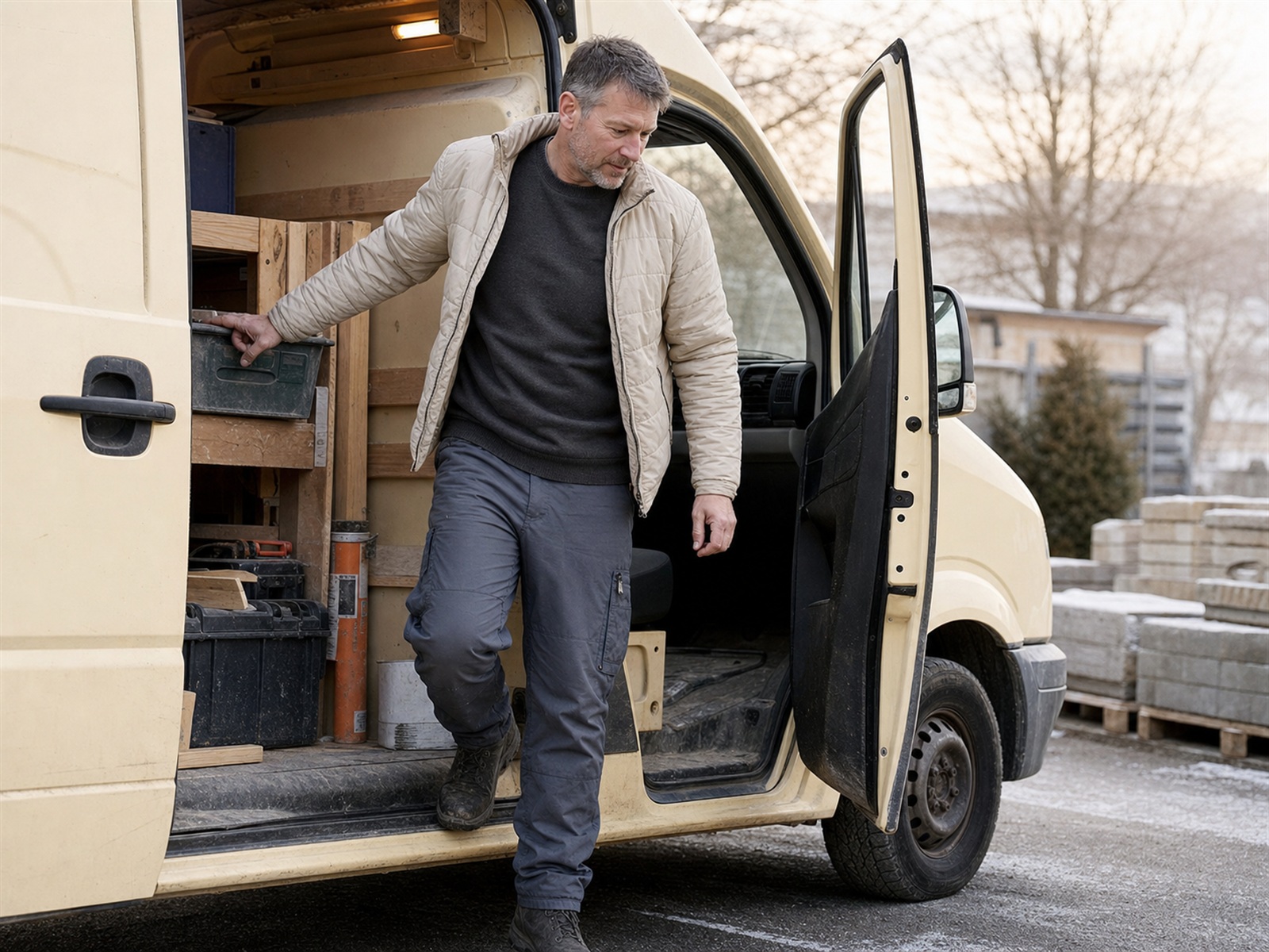 Handwerker als Fahrer in leichter Wärmeschicht steigt am Lieferwagen aus, Werkzeug auf der Ladefläche – bewegliche Winter-Arbeitskleidung