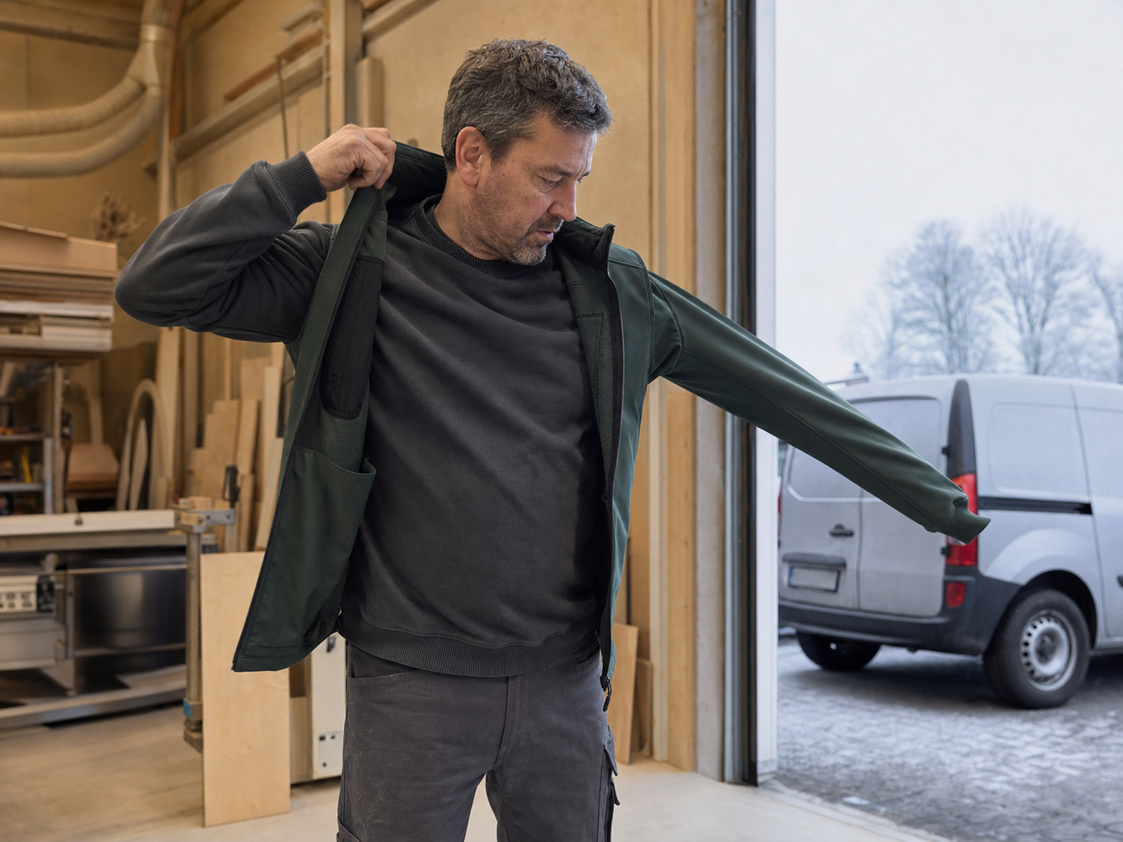 Handwerker zieht am Hallentor eine forstgrüne Softshellweste über warmen Sweat – schnell wechselbare Winter-Zwischenschicht