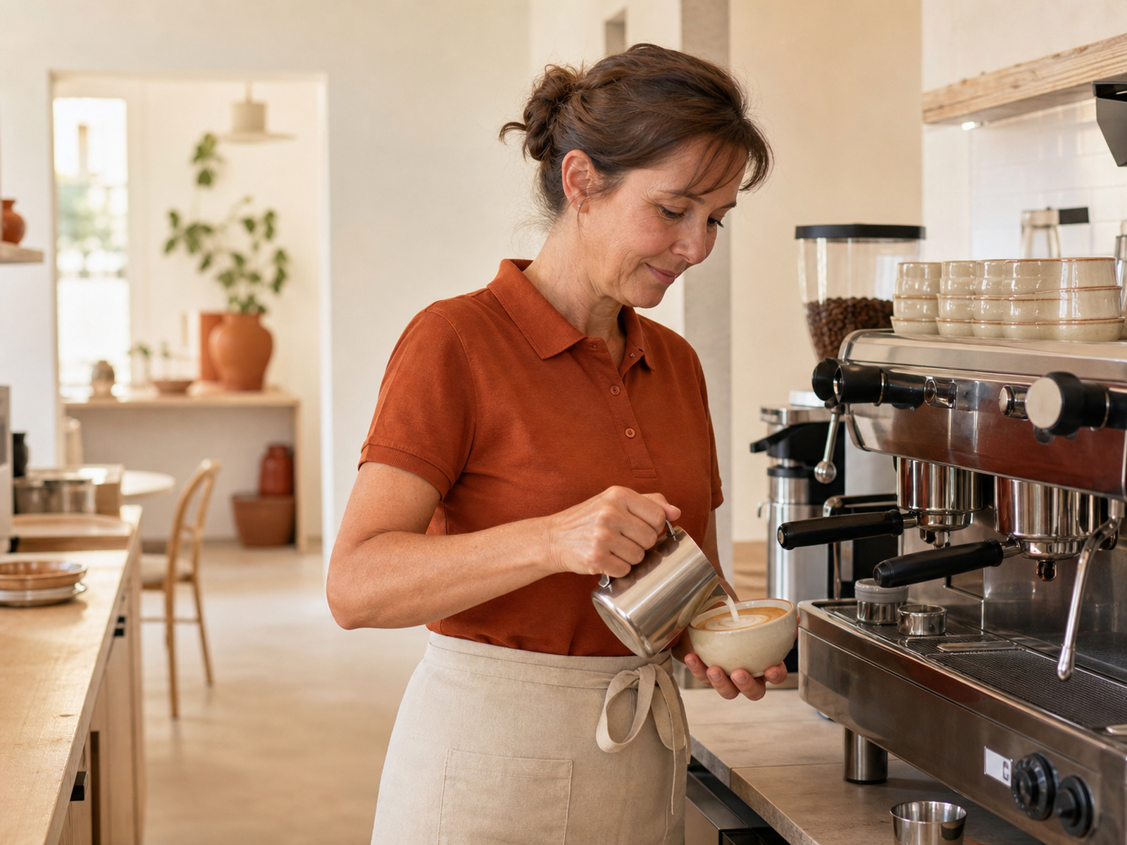 Café-Mitarbeiterin in terracottafarbenem Polo und kurzer Schürze an heller Kaffeemaschine – lockere Café-Teamkleidung