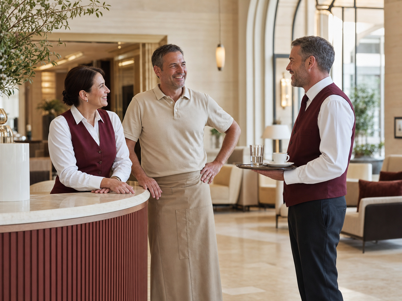 Drei Hotelmitarbeitende aus Empfang, Housekeeping und Service in abgestimmter Teamkleidung in cremeweiß und weinrot in heller Hotelhalle