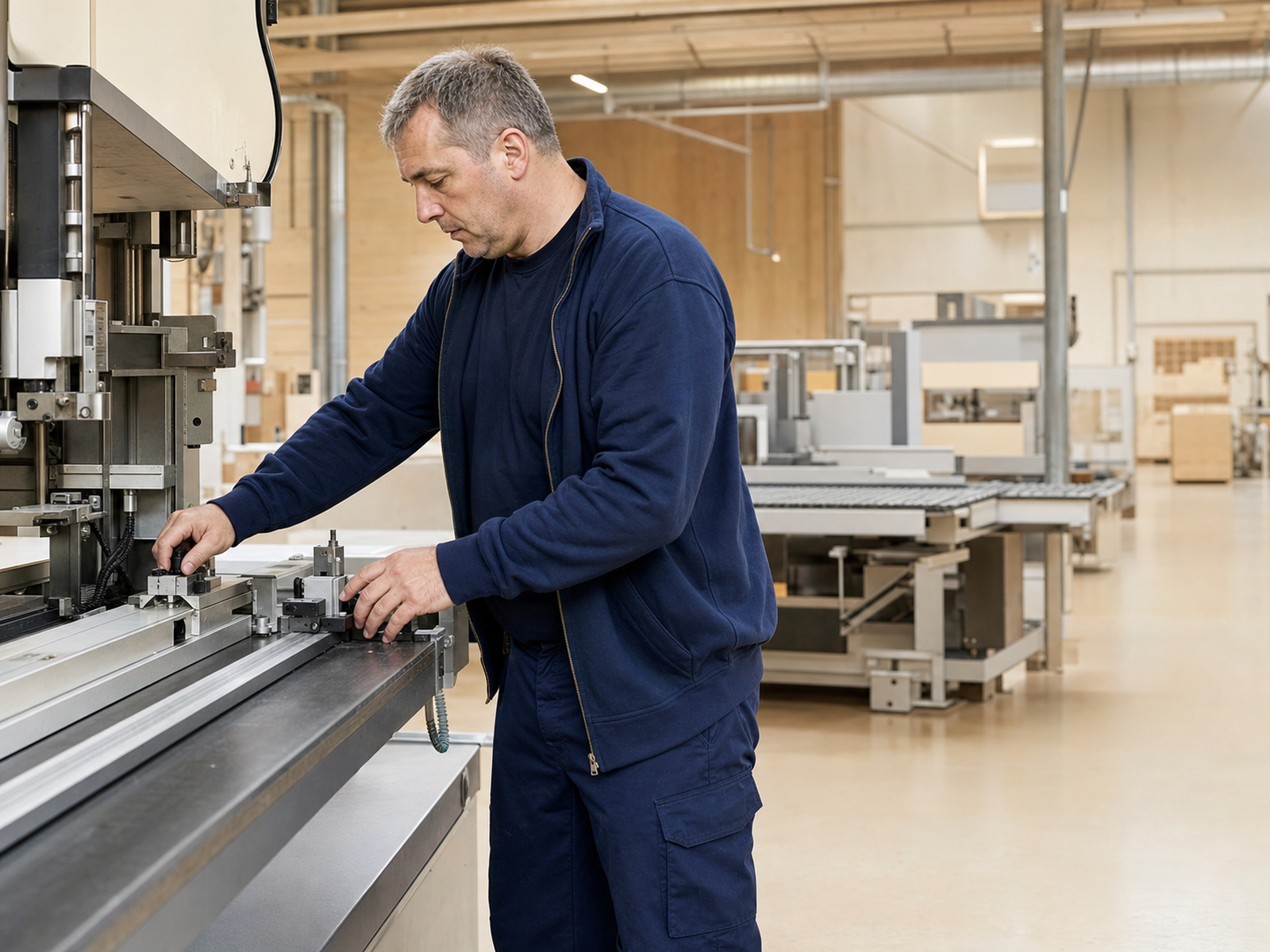 Fertigungsmitarbeiter in robuster navyblauer Arbeitshose, T-Shirt und Sweat an einer Werksmaschine – langlebige Industriekleidung