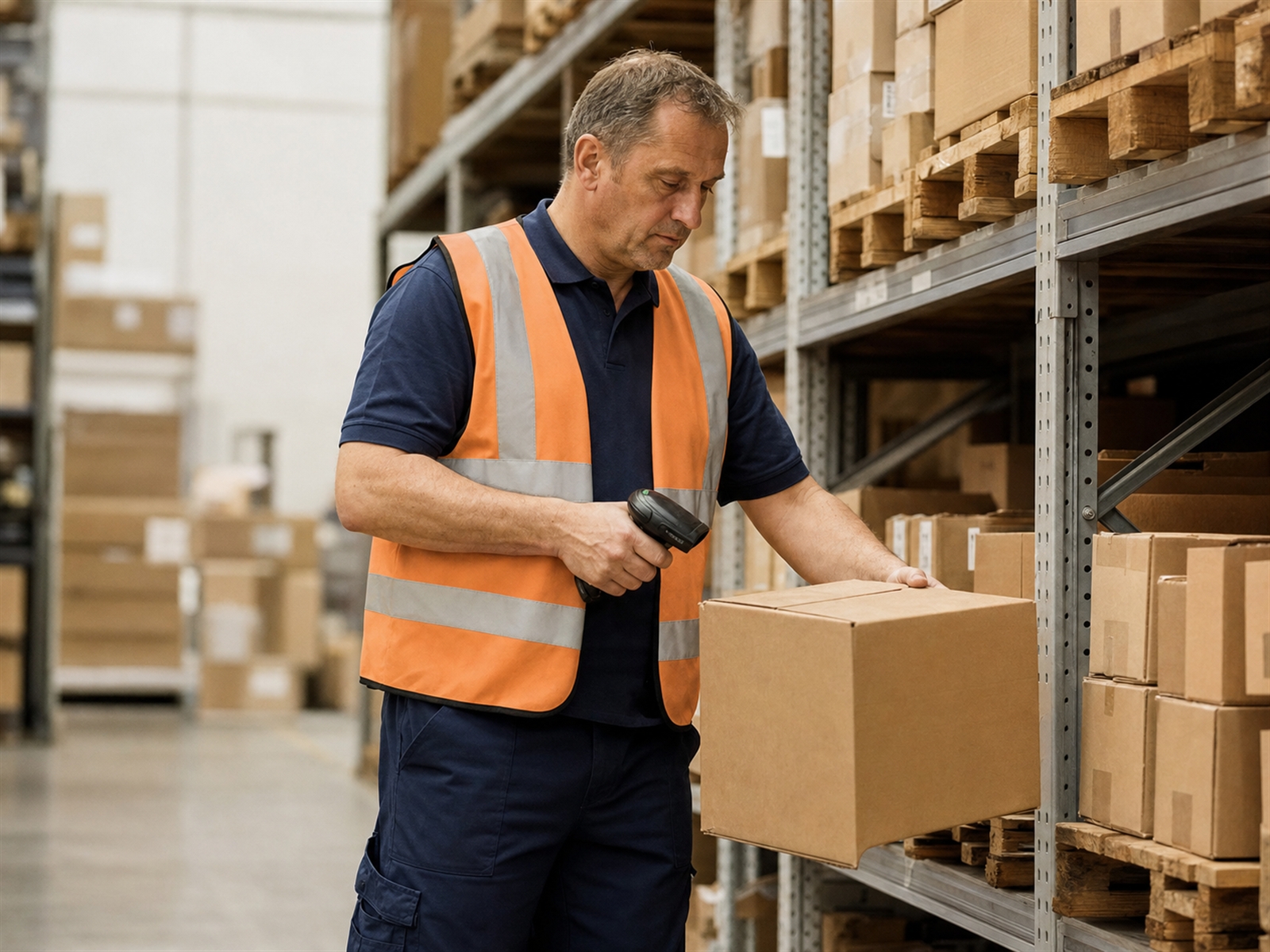 Logistikmitarbeiter in leichter Hose, navyblauem Polo und Weste mit Warnstreifen kommissioniert an einem Palettenregal