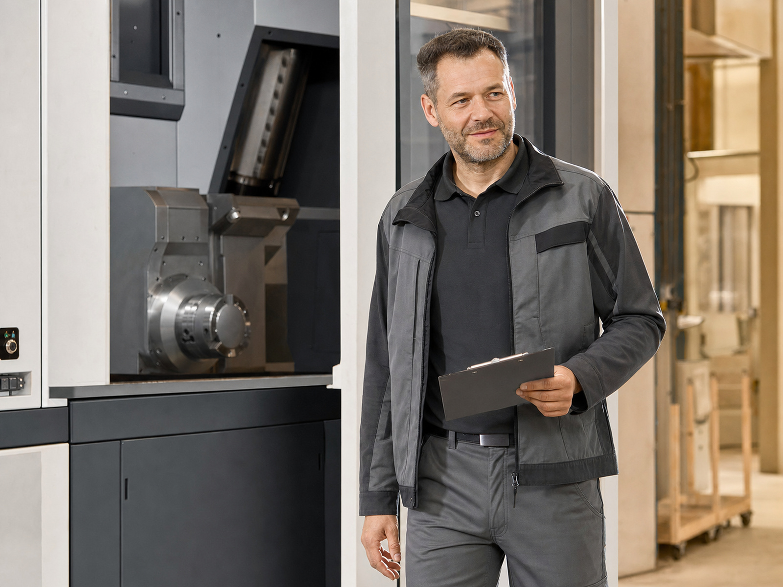 Metall-Servicemonteur in gepflegter grauer Servicekleidung mit dezentem Logo vor moderner Produktionsanlage beim Kunden