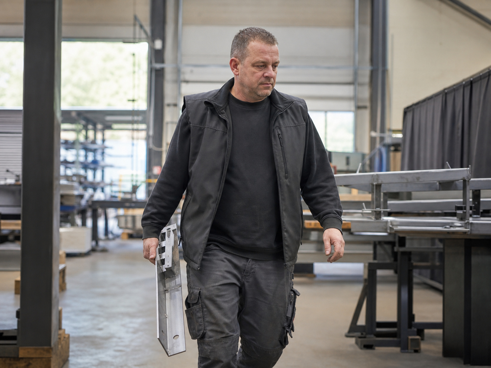 Metallmonteur in grauer Arbeitshose mit Werkzeugtaschen, anthrazitfarbenem Sweat und Weste in großer Montagehalle