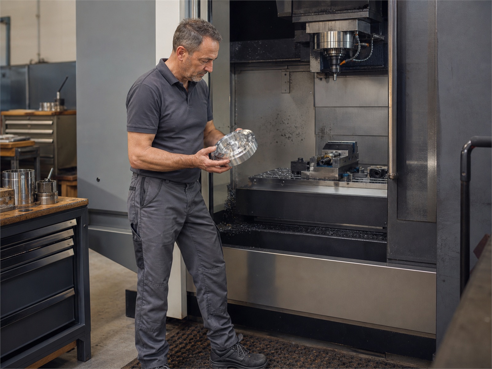 Metallfacharbeiter in robuster grauer Arbeitshose, enganliegendem anthrazitfarbenem Shirt und Sicherheitsschuhen an der CNC-Maschine