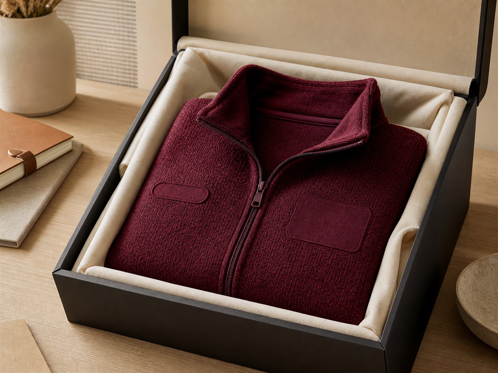 Wertige weinrote Strickfleece-Jacke mit Namens- und Logo-Stick in edler Geschenkbox als Jubiläums-Anerkennung