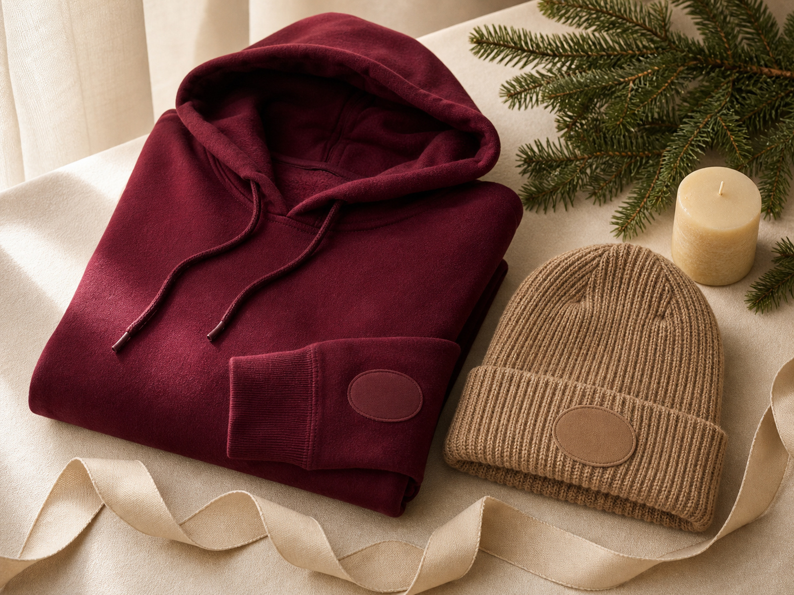 Weihnachtliches Geschenkset mit bordeauxrotem Hoodie und Camel-Mütze mit dezentem Logo-Stick, edel verpackt mit Tannengrün