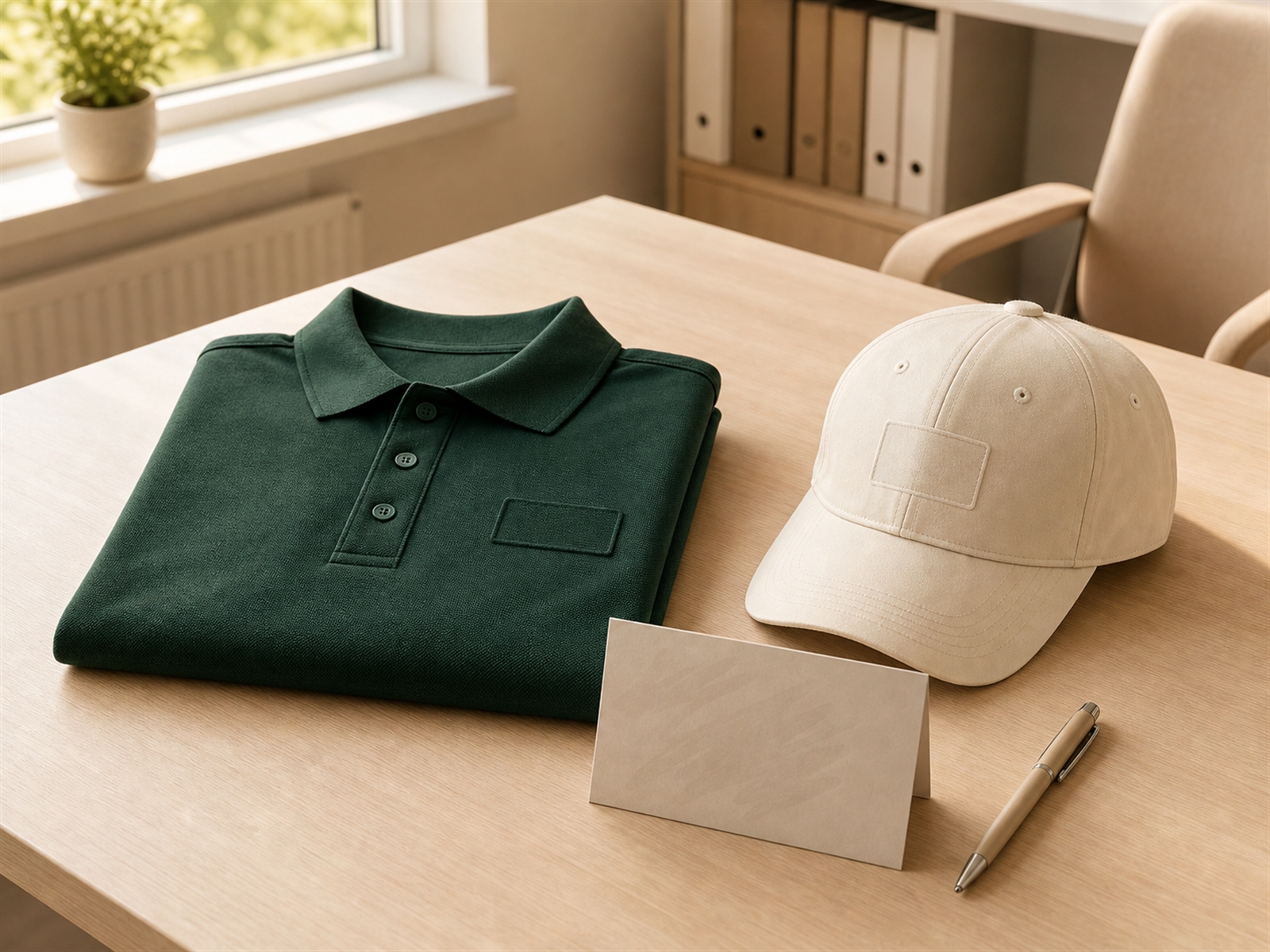 Willkommens-Paket mit gefaltetem Team-Polo, cremeweißer Cap und persönlicher Grußkarte auf hellem Schreibtisch für neuen Mitarbeiter