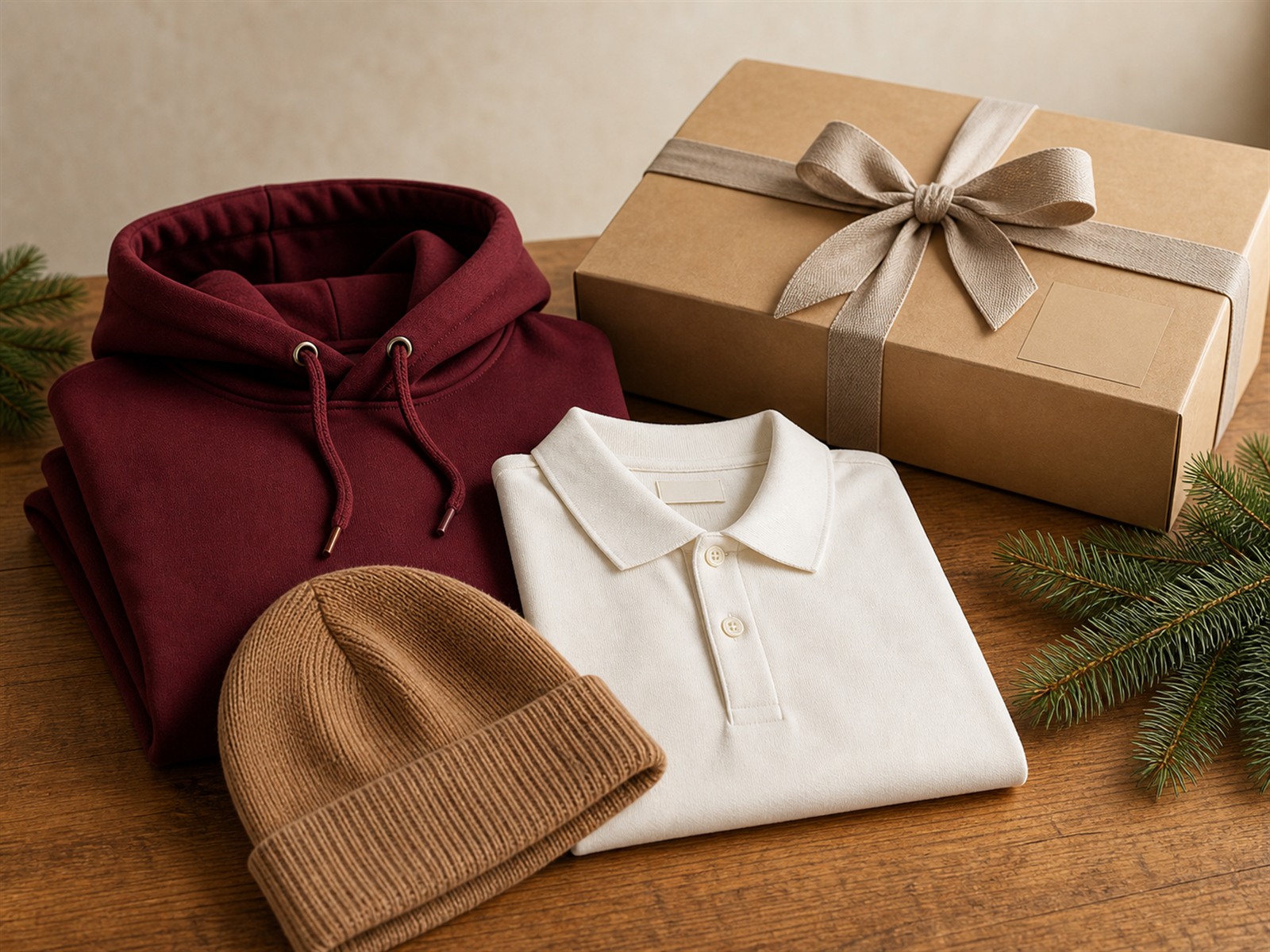 Hochwertiges Textil-Geschenkset mit Bordeaux-Hoodie, camelfarbener Mütze und cremeweißem Polo, edel verpackt – Mitarbeitergeschenke