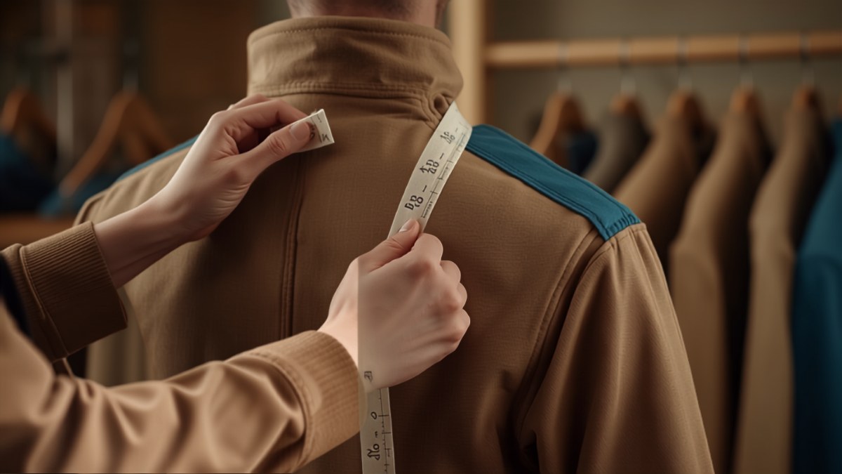 Passform-Kontrolle an einer Arbeitsjacke mit Maßband