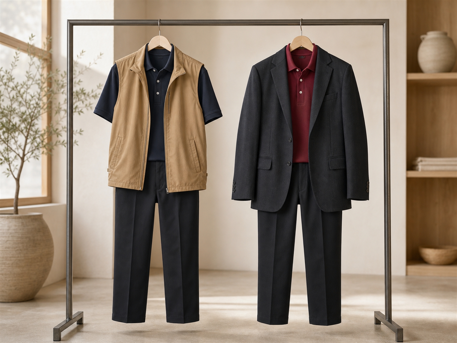 Nebeneinander aufgehängte Team-Outfits für Alltag und Messeauftritt in weinrot und cremeweiß an einer Kleiderstange – Textilausstattung für Alltag und Events