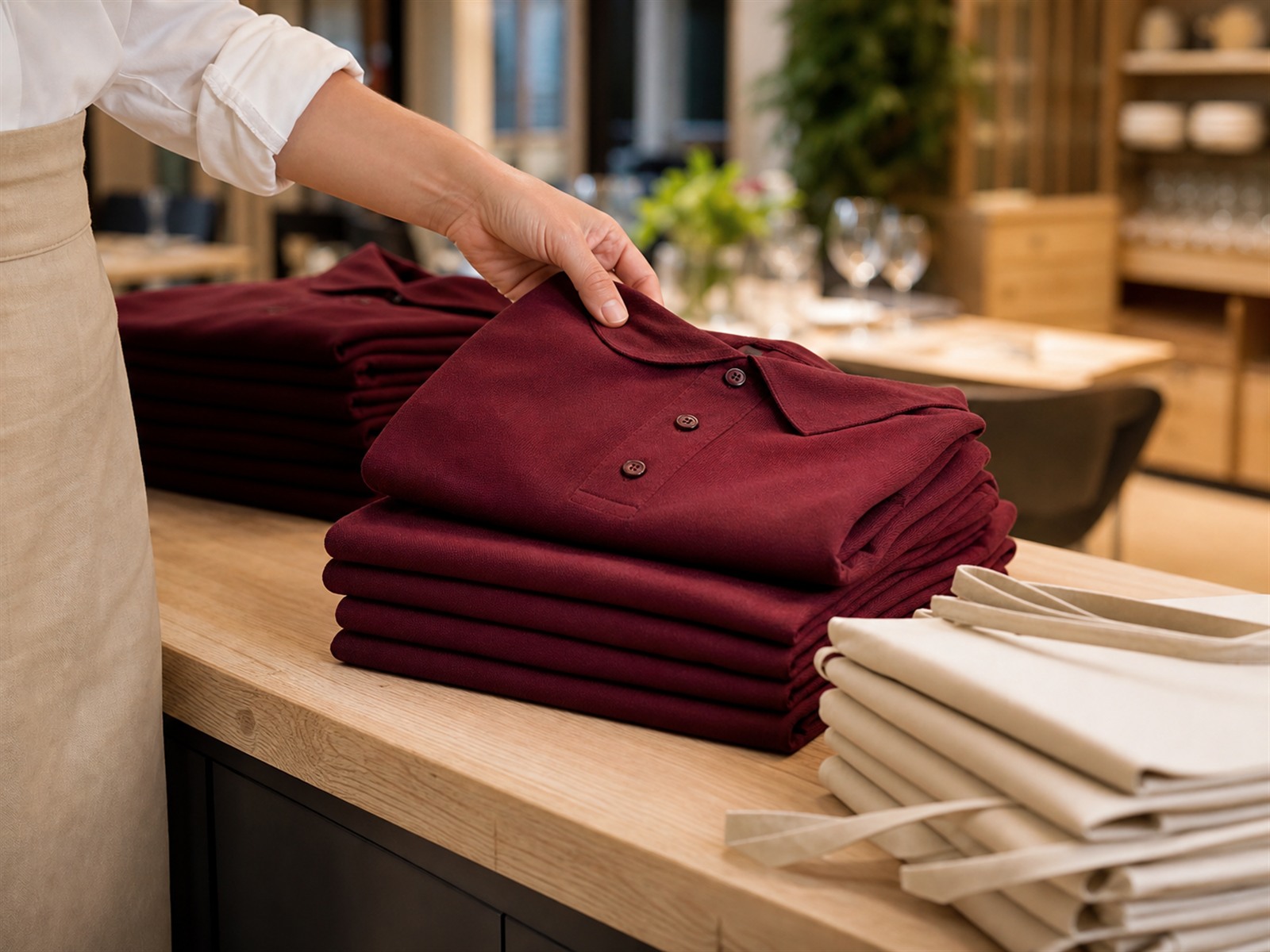 Gestapelte weinrote Servicepolos und cremeweiße Schürzen auf einer Holztheke – Teamkleidung zum Nachbestellen