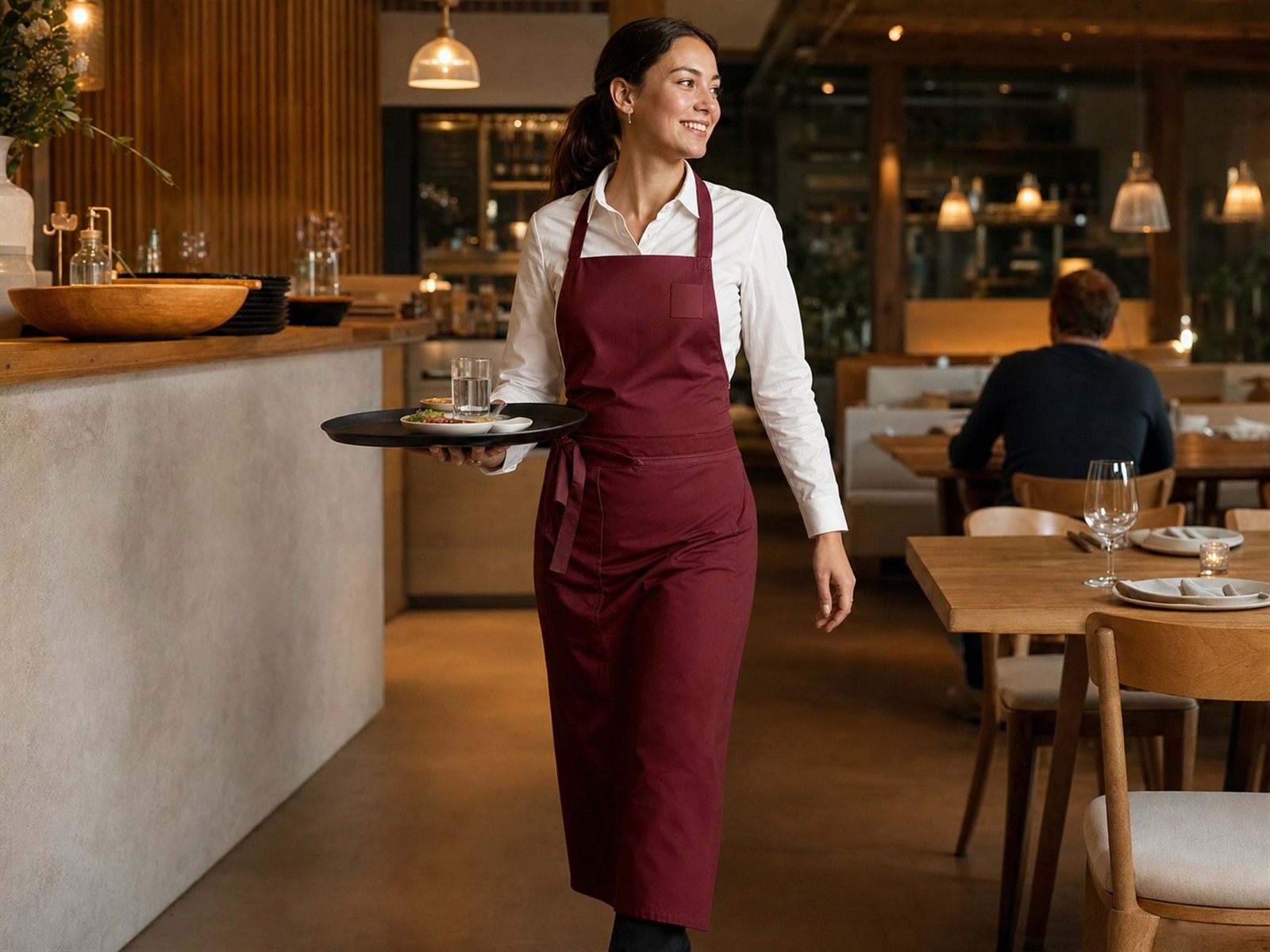 Servicekraft in weinroter Schürze und hellem Hemd mit Tablett im Gastraum – Teamkleidung für die Gastronomie