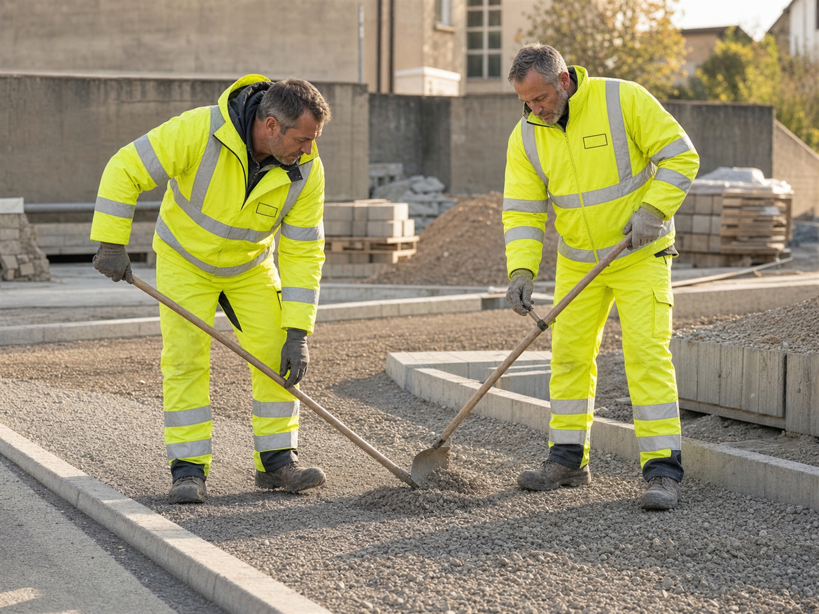 Straßenbau-Team in neongelben Warnschutzjacken und -hosen mit Reflexstreifen und Logo-Stick auf der Brust an einer Baustelle