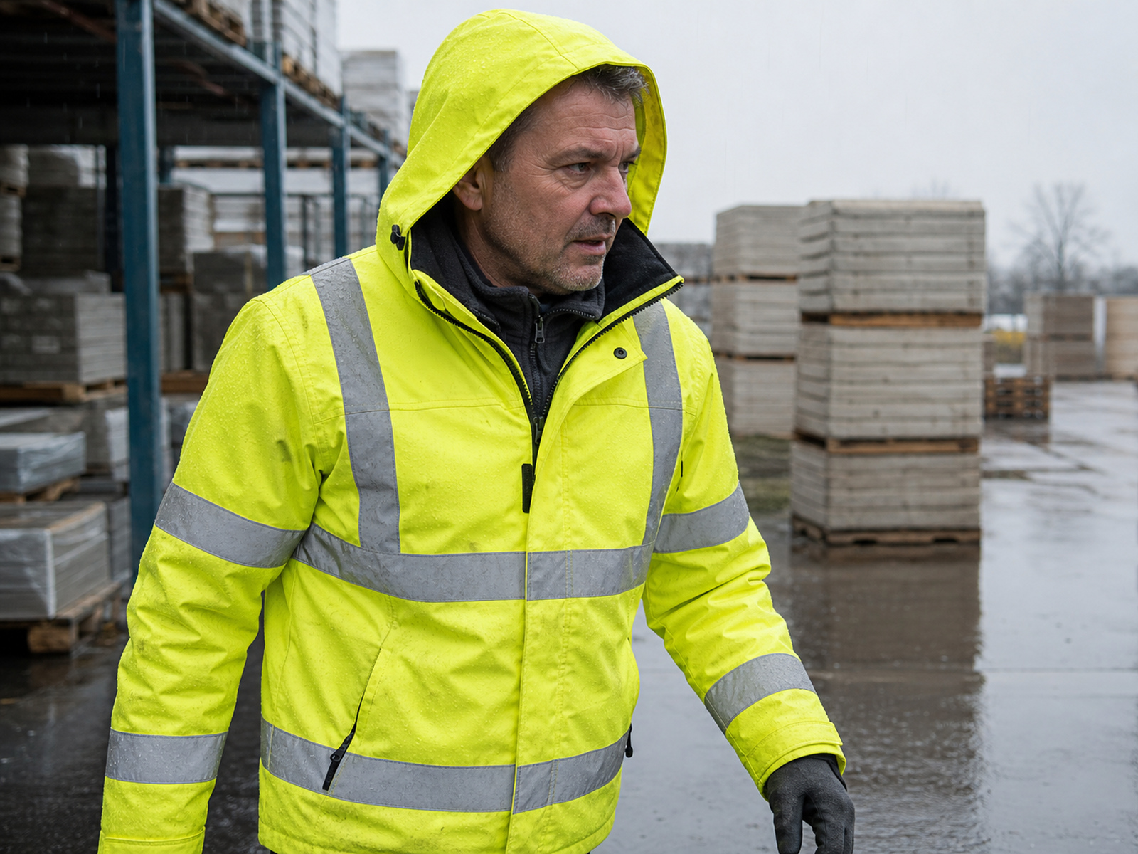 Mitarbeiter in wetterfester neongelber Warnschutz-Winterjacke über warmer Zwischenschicht bei Regen im Außenlager