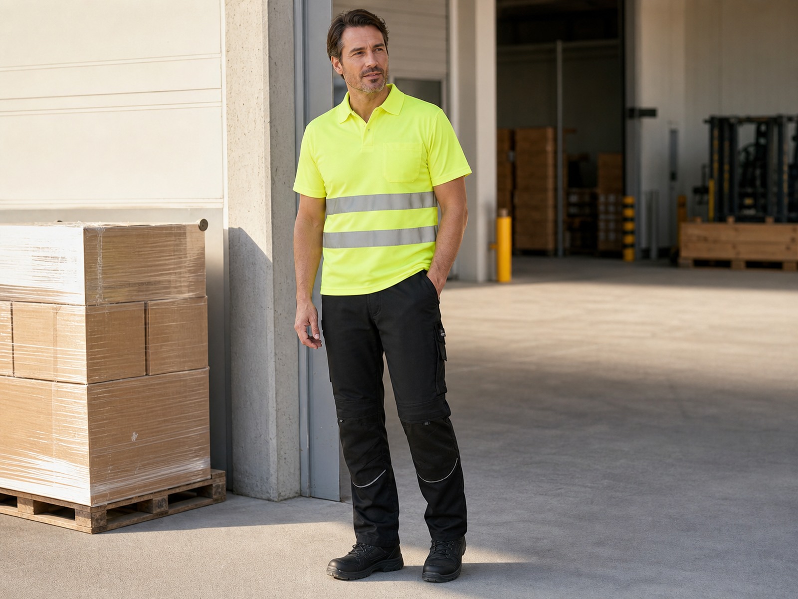 Mitarbeiter in leichtem neongelbem Warnschutz-Poloshirt mit Reflexstreifen an der Laderampe