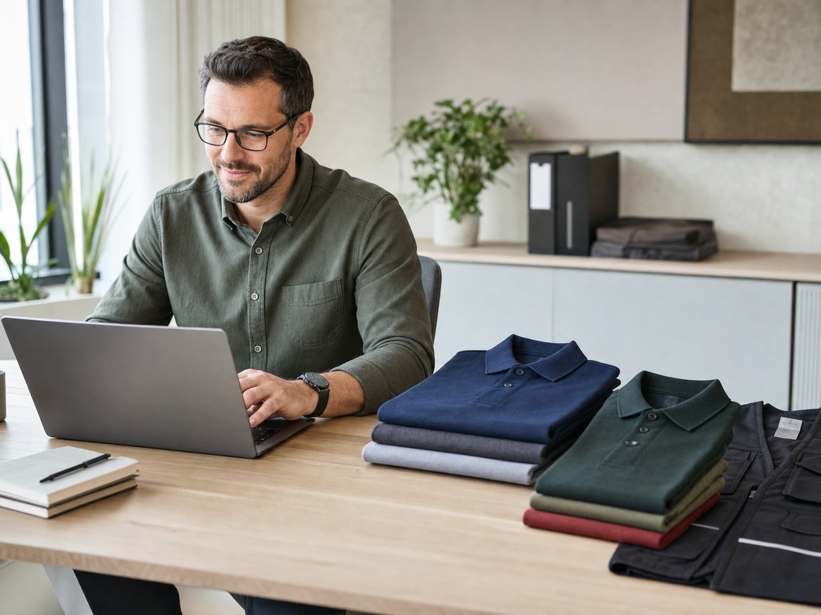 Person bestellt Berufskleidung bequem am Laptop im Online-Showroom nach