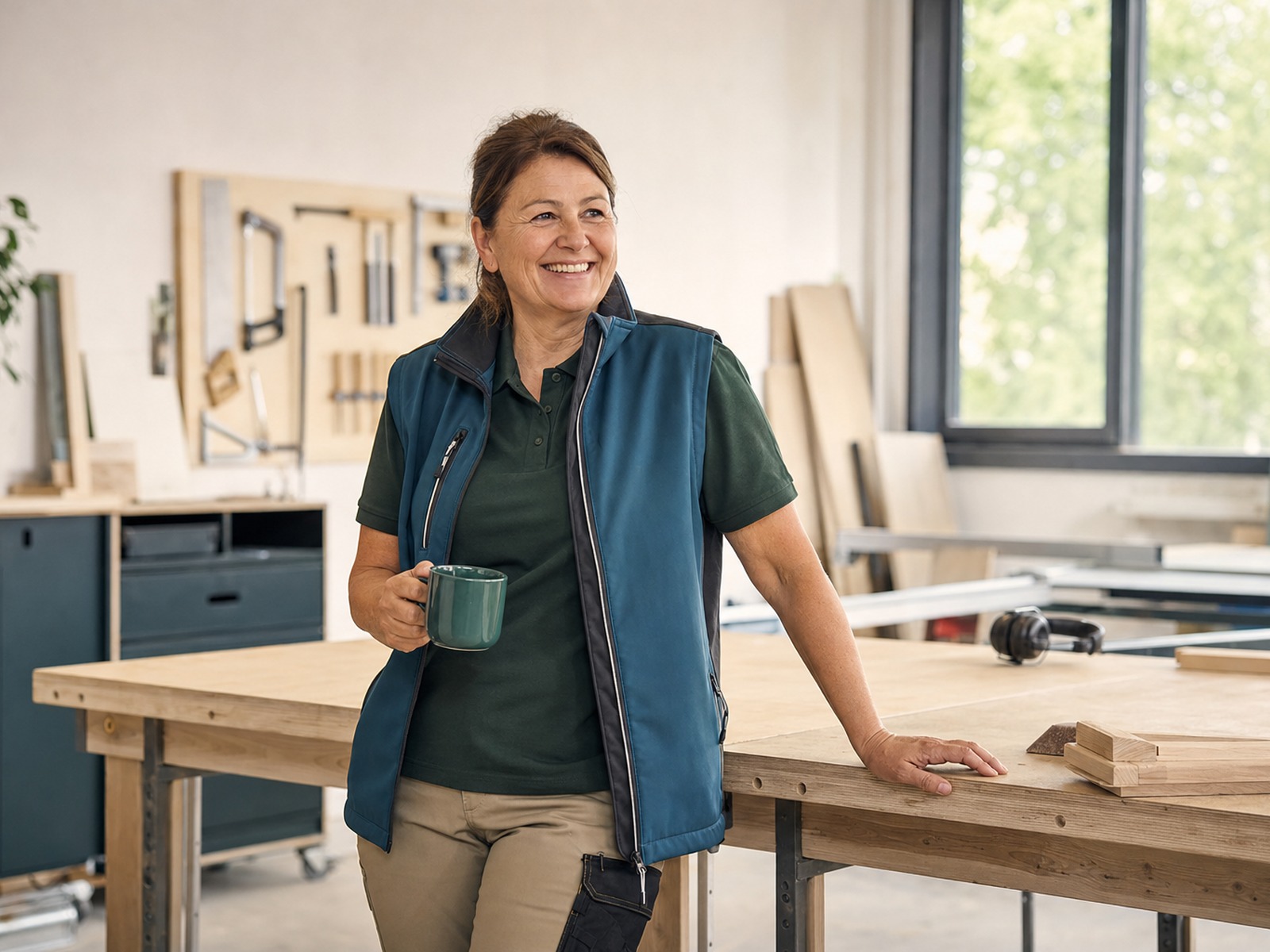Mitarbeiterin in bequemer Arbeitskleidung, sichtlich wohl bei der Arbeit