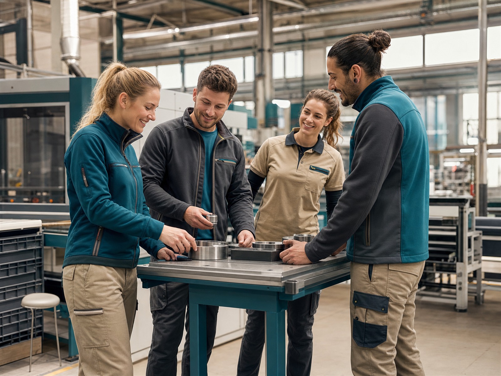 Produktionsteam in belastbarer Industrie-Arbeitskleidung mit Sicherheitsvorgaben