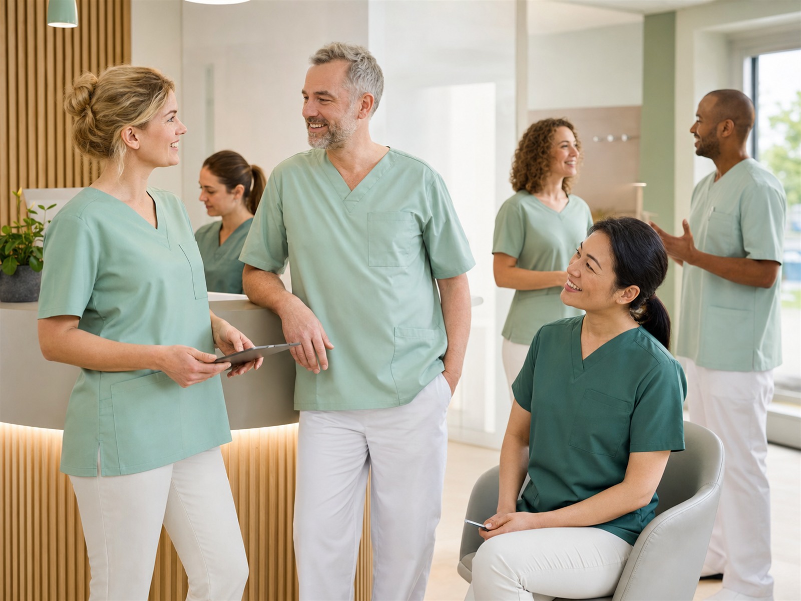 Praxisteam in hygienischer Medizin- und Pflegekleidung