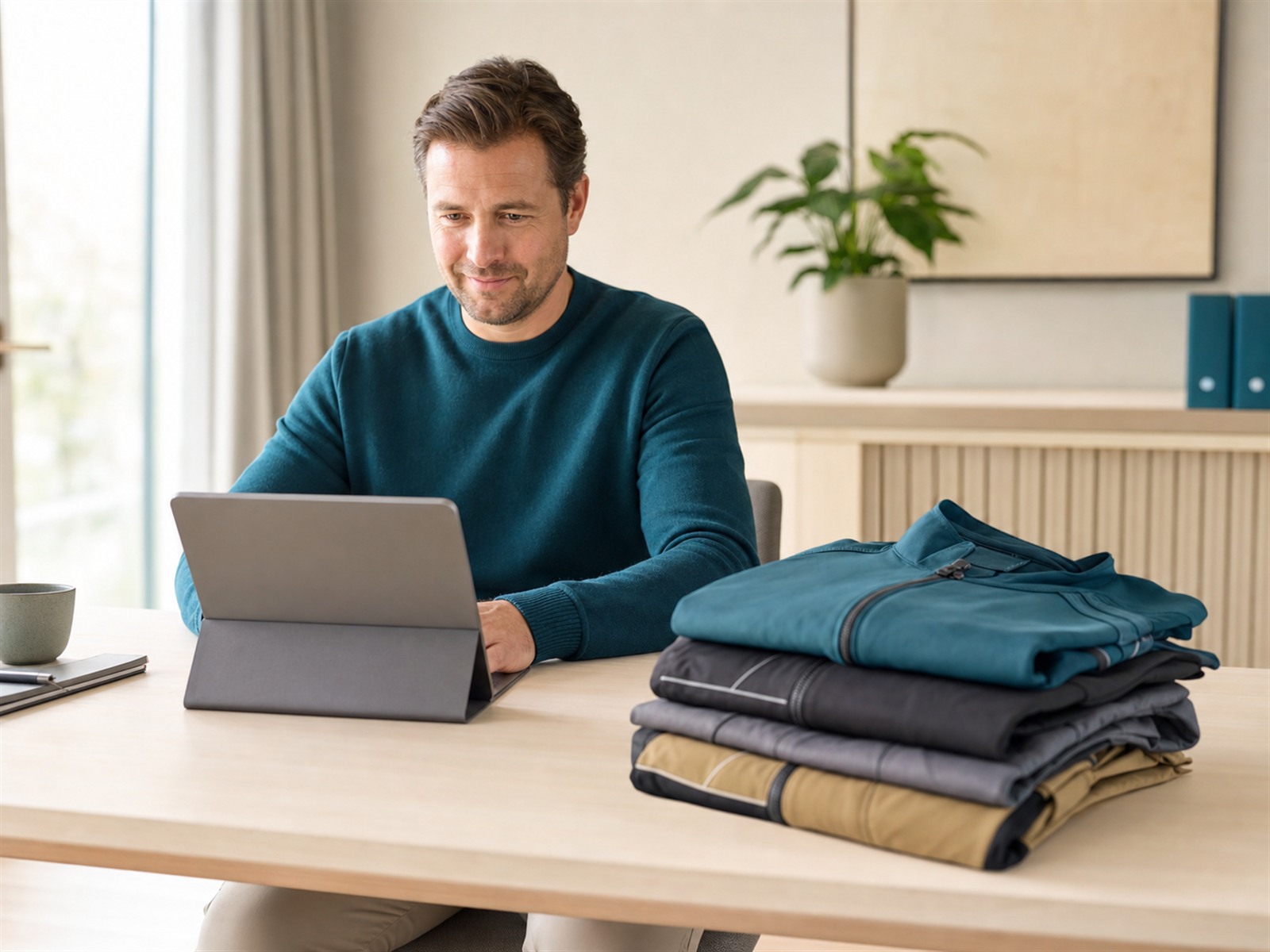 Person bestellt Berufskleidung bequem am Laptop im Online-Showroom nach – planbare Beschaffung