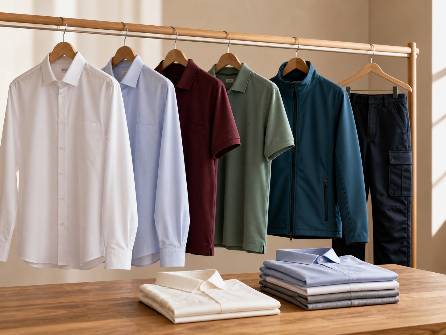 Übersicht des Zweisam-Sortiments – Business-Kleidung und Workwear nebeneinander