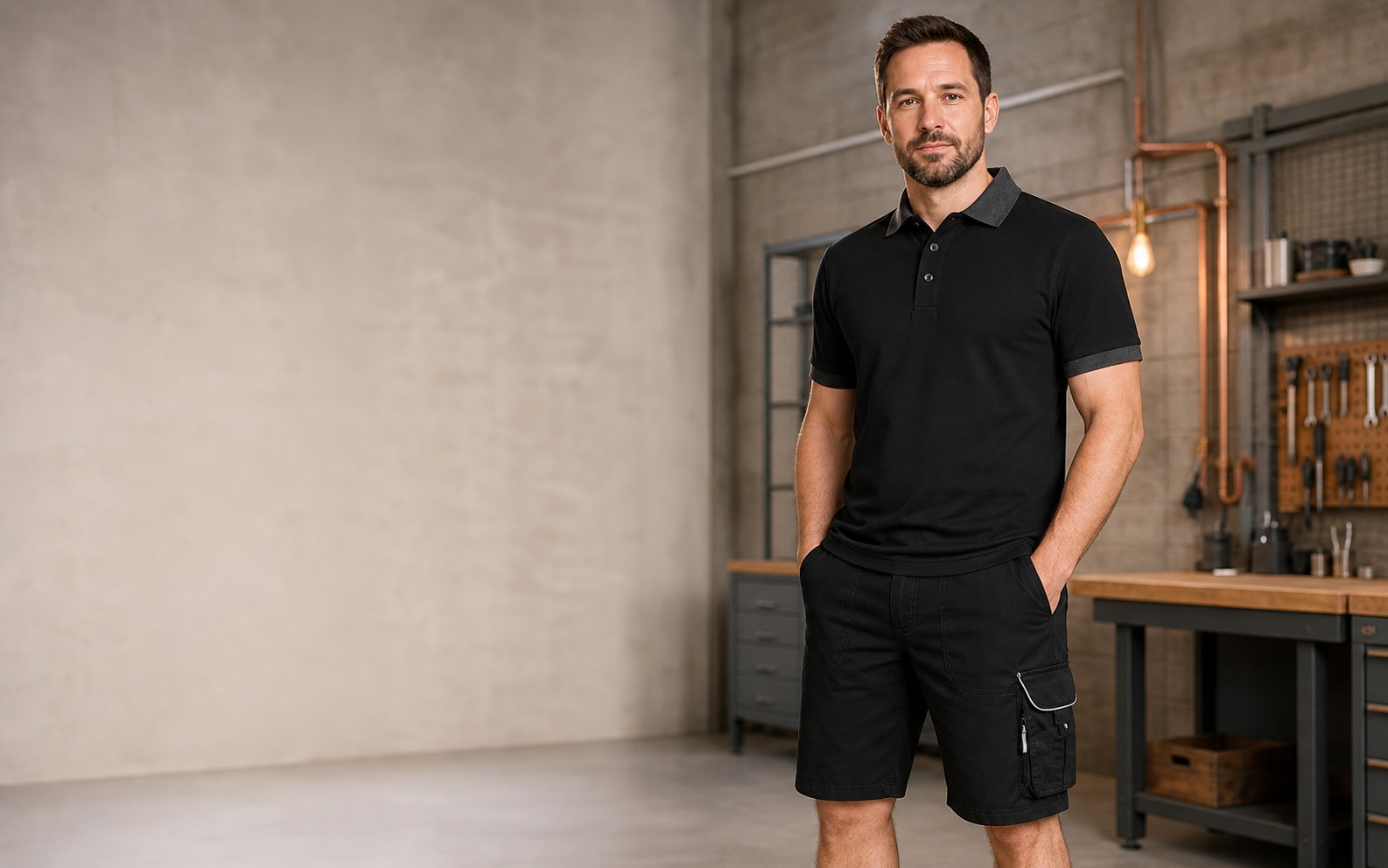 Handwerker im Sommer-Workwear-Outfit: Poloshirt und Workwear-Bermuda aus dem Eröffnungsangebot