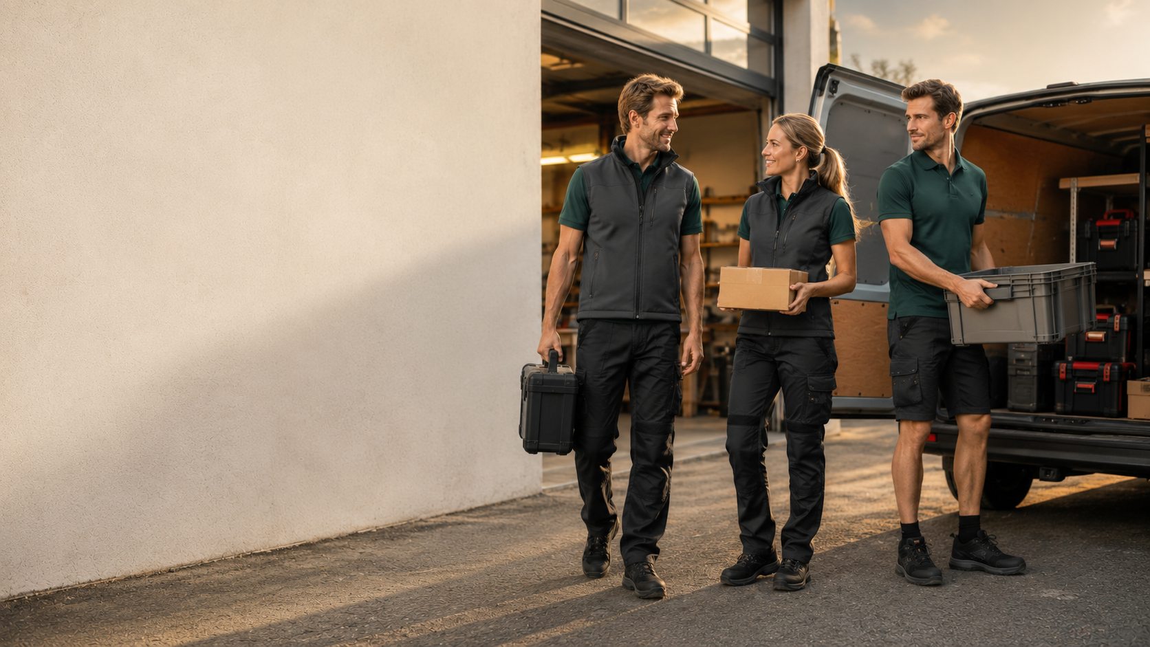 Team in abgestimmter Zweisam-Arbeitskleidung