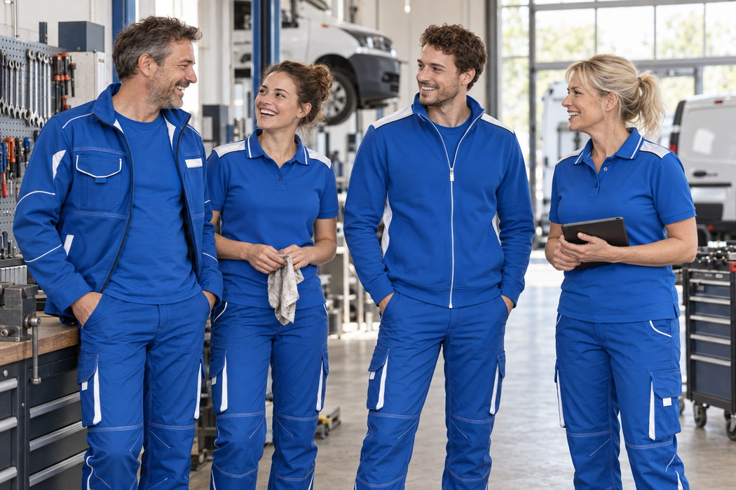 Werkstattteam in abgestimmter Arbeitskleidung in Royalblau und Weiß an der Werkbank