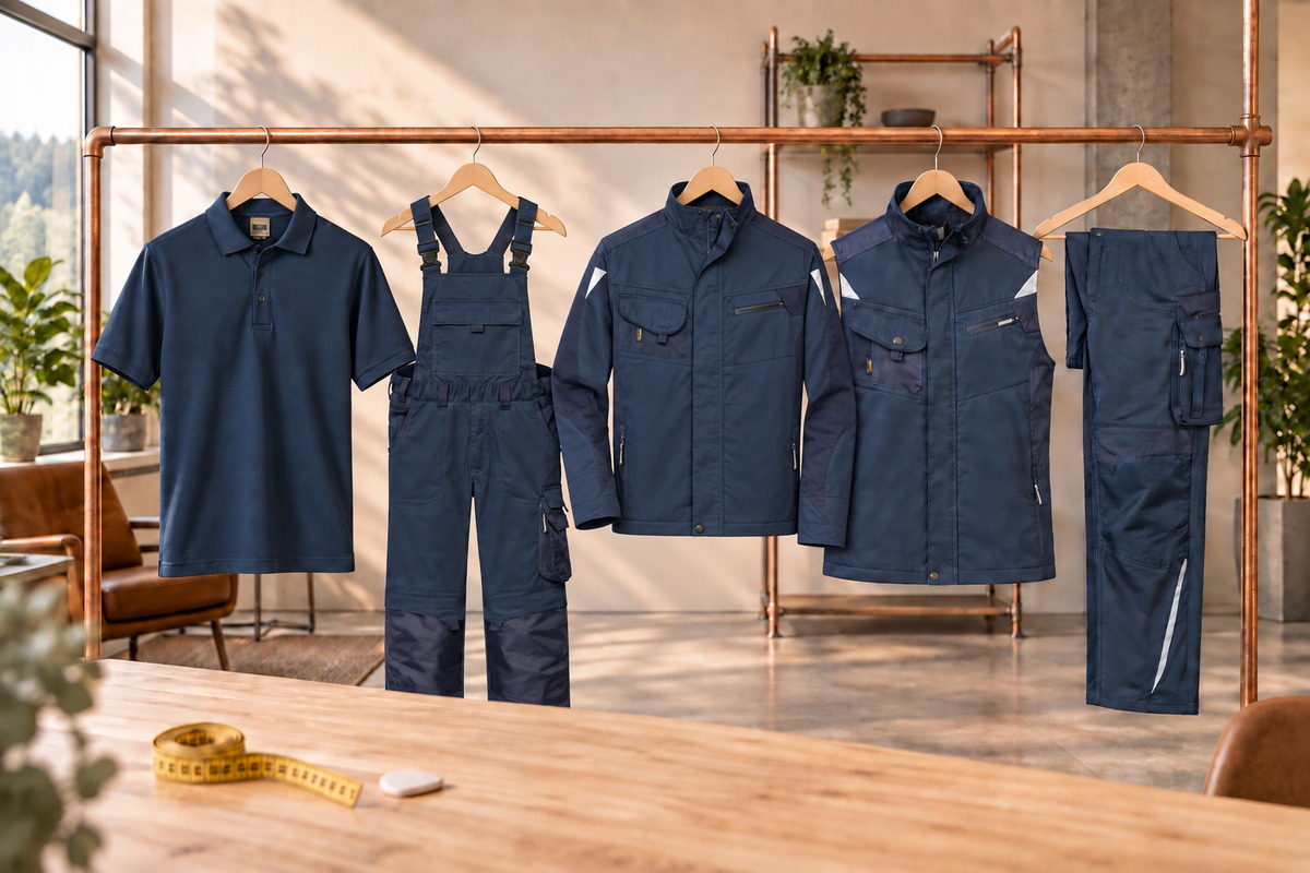 Kupferrohr-Kleiderstange mit Businesshemden, Poloshirts und Arbeitsjacken im Showroom Schonach
