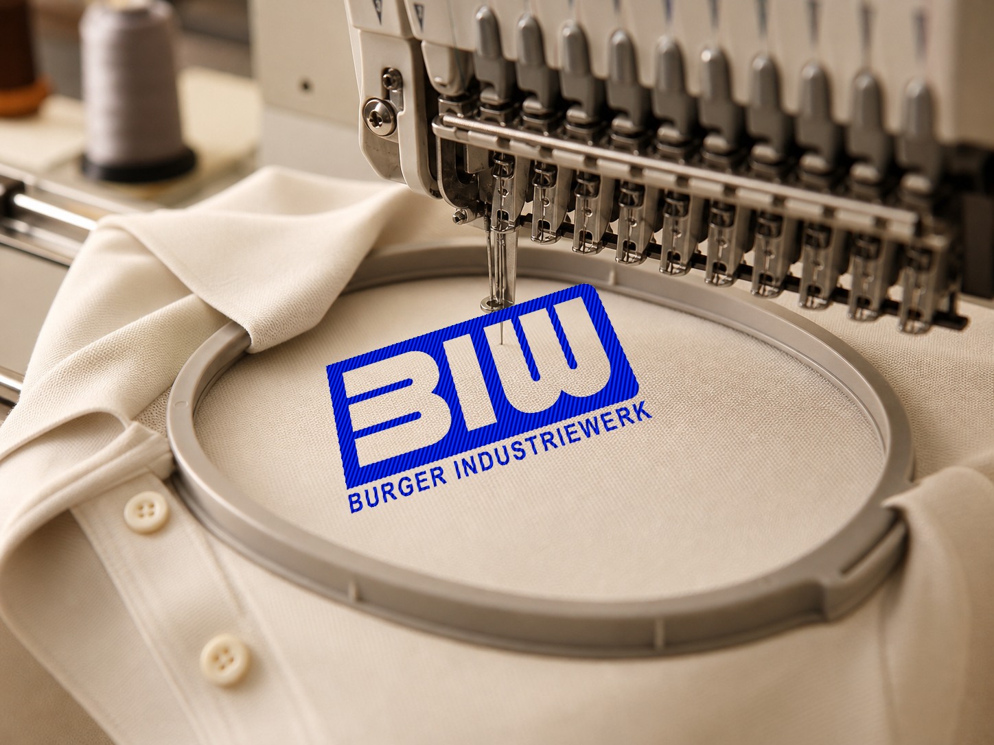 Stickmaschine stickt das BIW-Logo auf robuste Berufskleidung