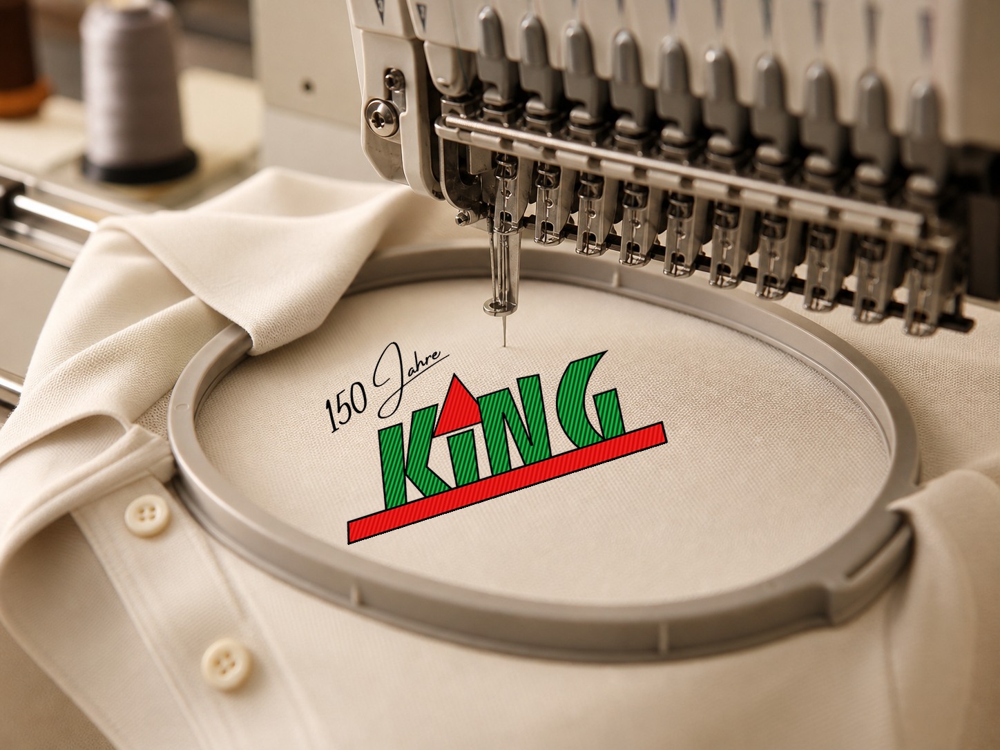 Stickmaschine stickt das Jubiläums-Logo von King Bau auf ein helles Hemd