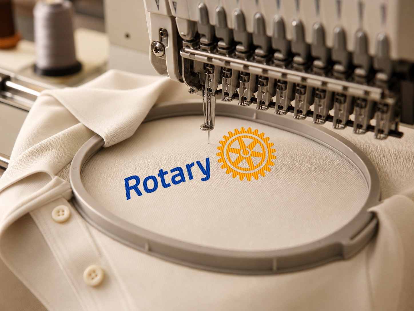 Stickmaschine stickt das Rotary-Club-Logo auf ein Poloshirt
